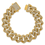 Gold-Tone Polished Crystal Stainless Steel Cuban Chain Bracelet 19mm