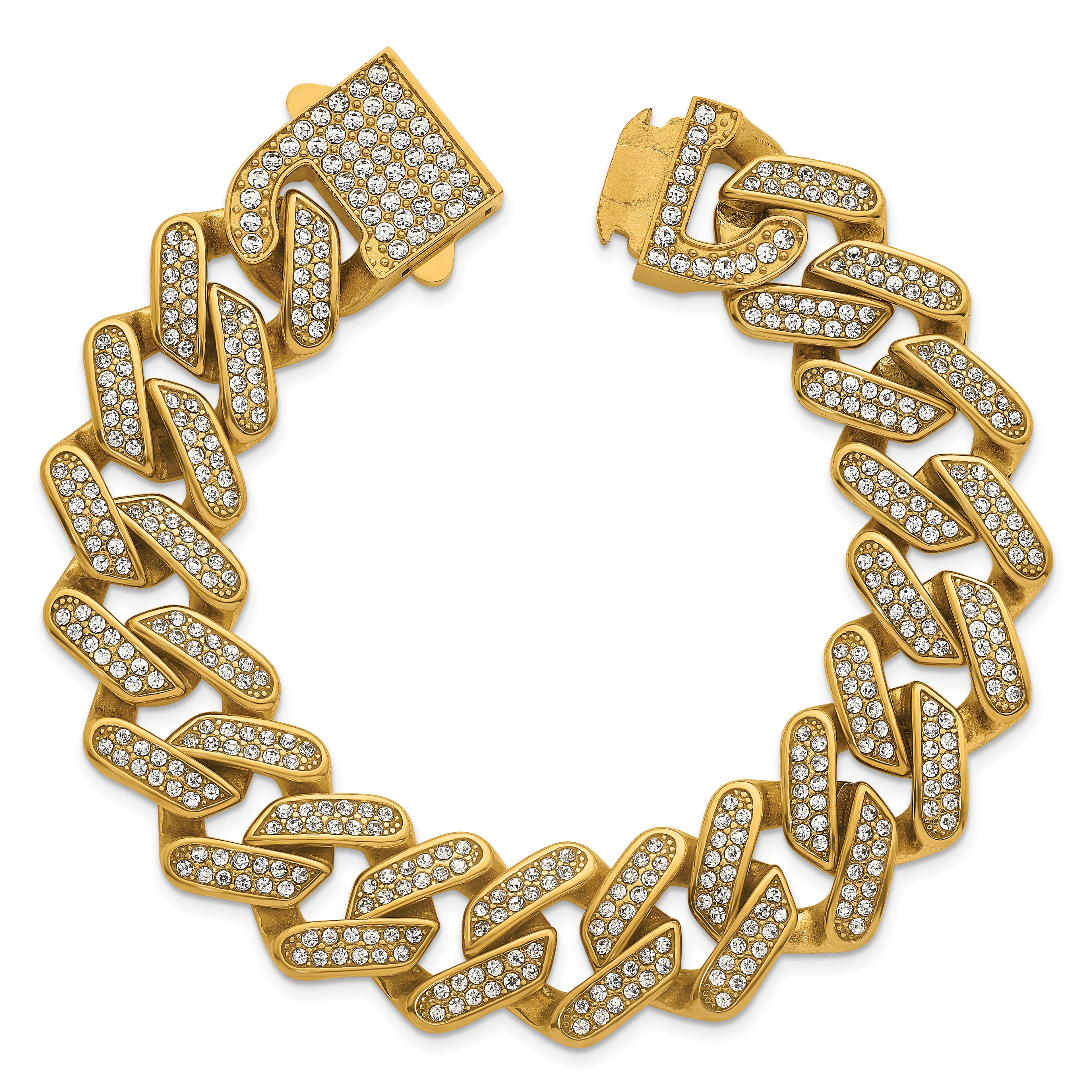 Gold-Tone Polished Crystal Stainless Steel Cuban Chain Bracelet 19mm