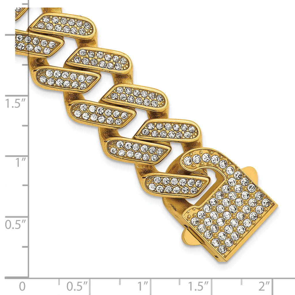 Gold-Tone Polished Crystal Stainless Steel Cuban Chain Bracelet 19mm