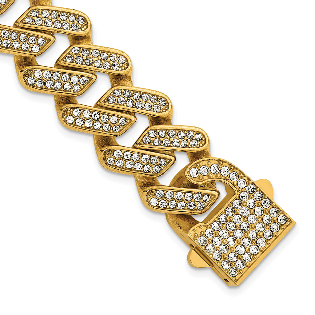 Gold-Tone Polished Crystal Stainless Steel Cuban Chain Bracelet 19mm
