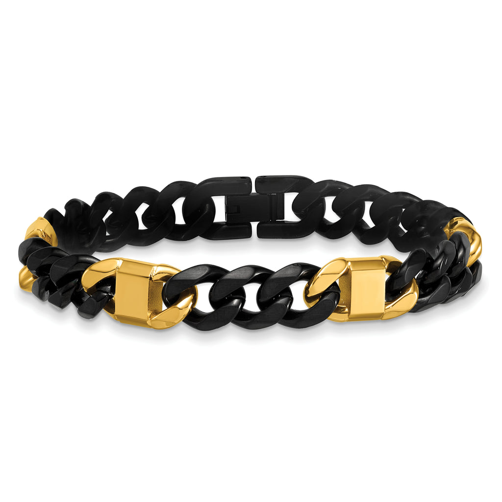 Brushed and Polished Gold-Tone Stainless Steel Cuban Chain Bracelet 10.5mm 8.5in
