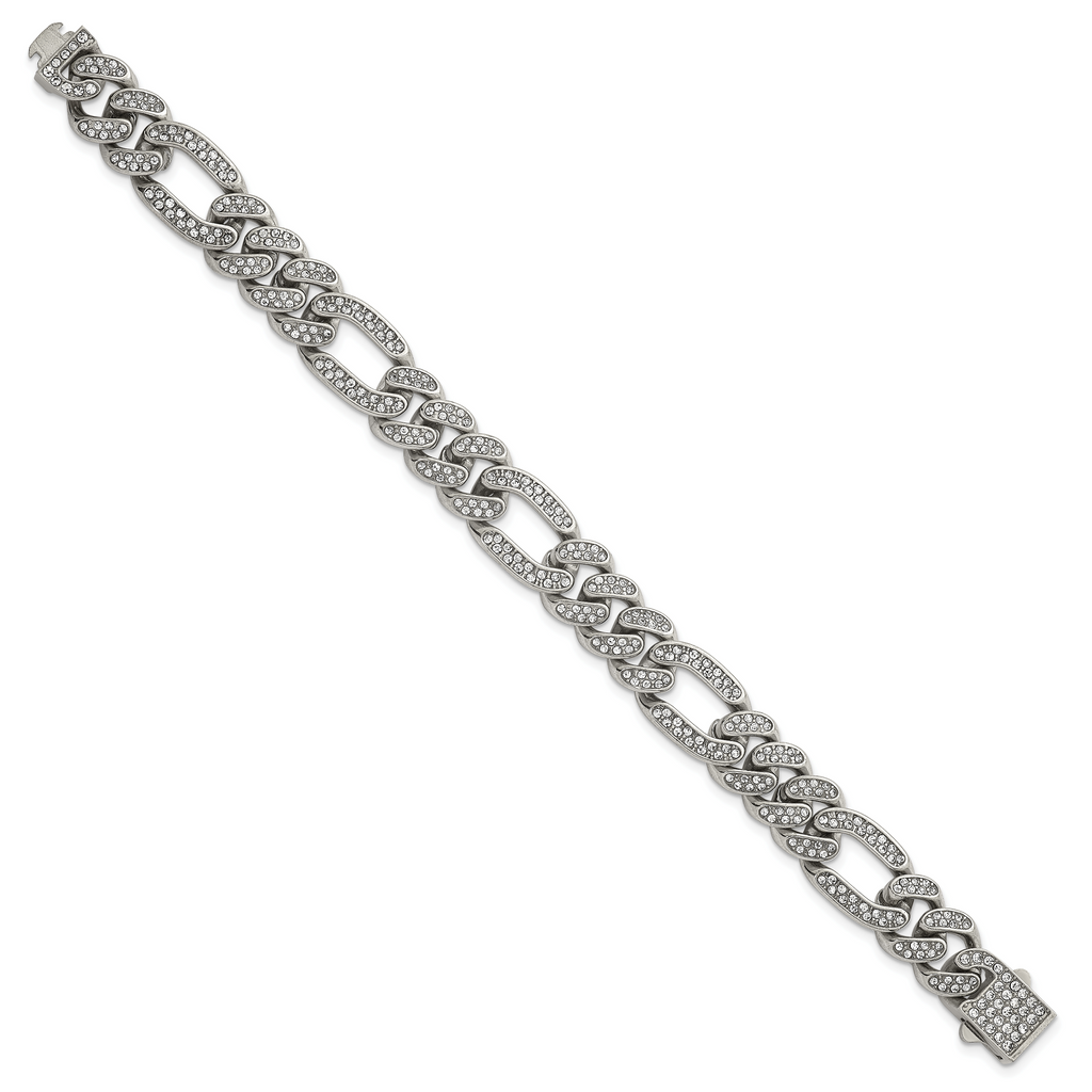 Polished Crystal Stainless Steel Figaro Chain Bracelet 12mm
