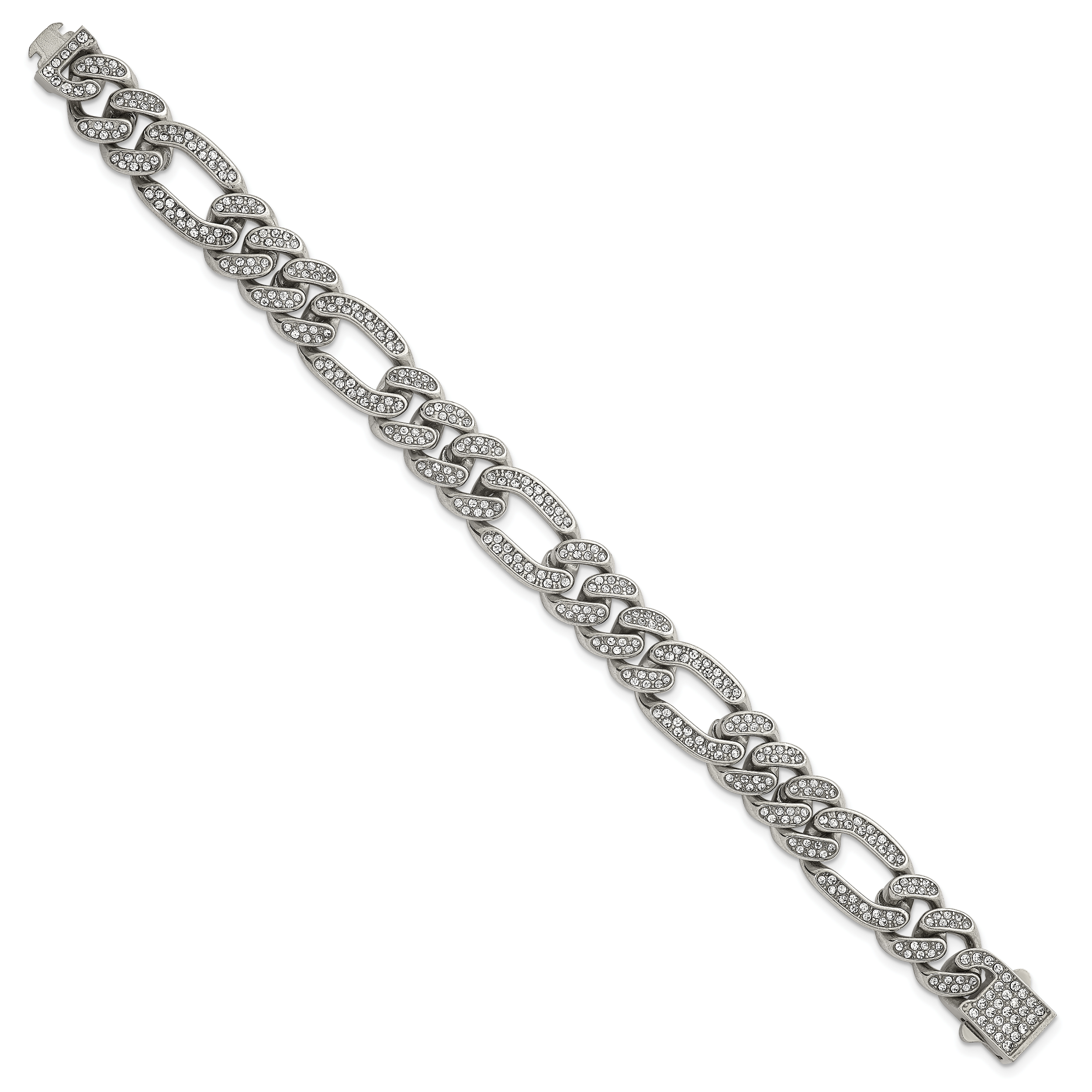 Polished Crystal Stainless Steel Figaro Chain Bracelet 12mm