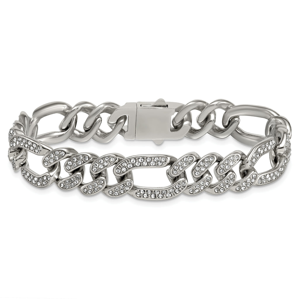 Polished Crystal Stainless Steel Figaro Chain Bracelet 12mm