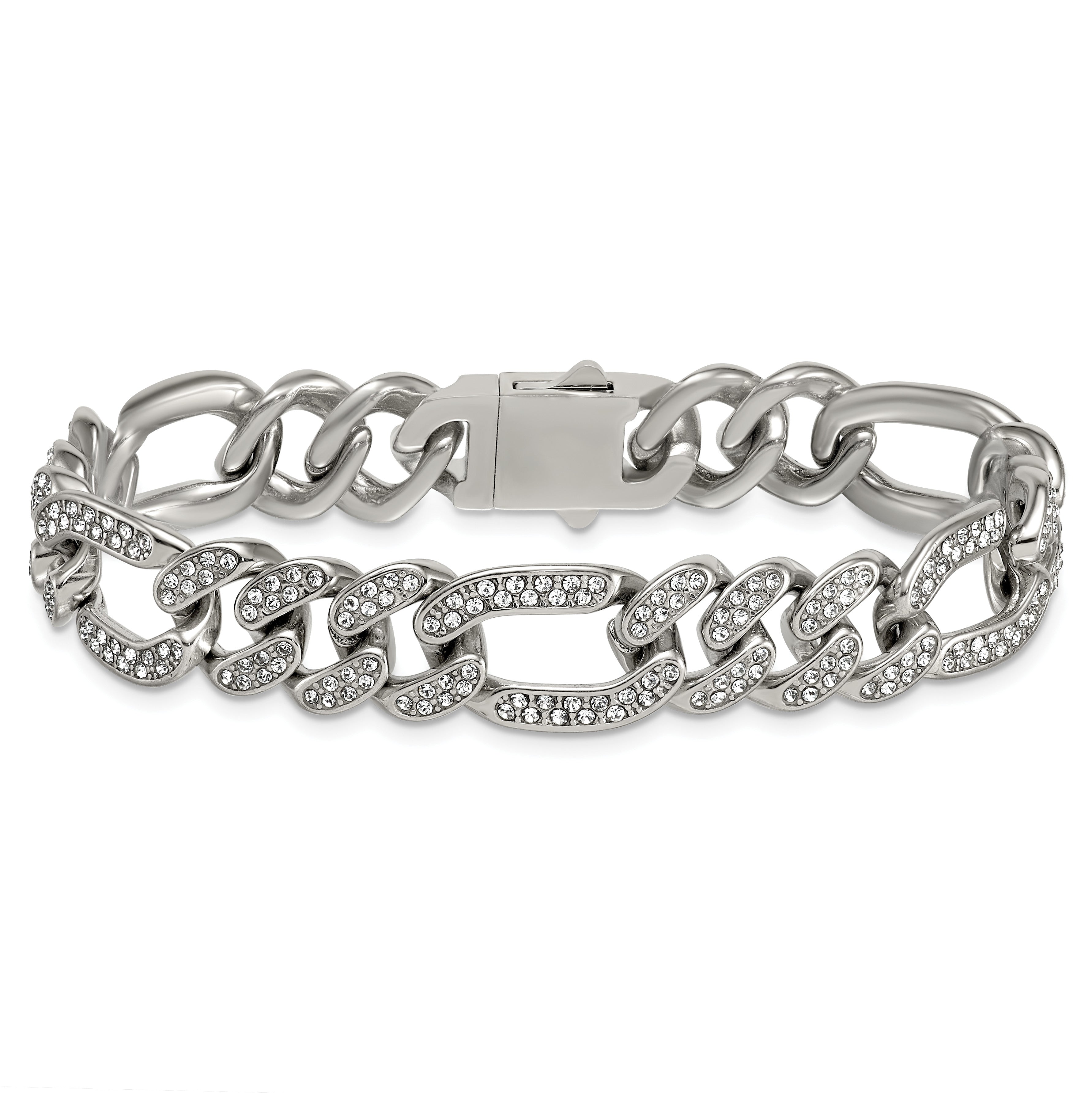 Polished Crystal Stainless Steel Figaro Chain Bracelet 12mm