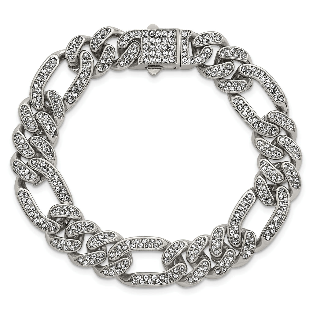 Polished Crystal Stainless Steel Figaro Chain Bracelet 12mm