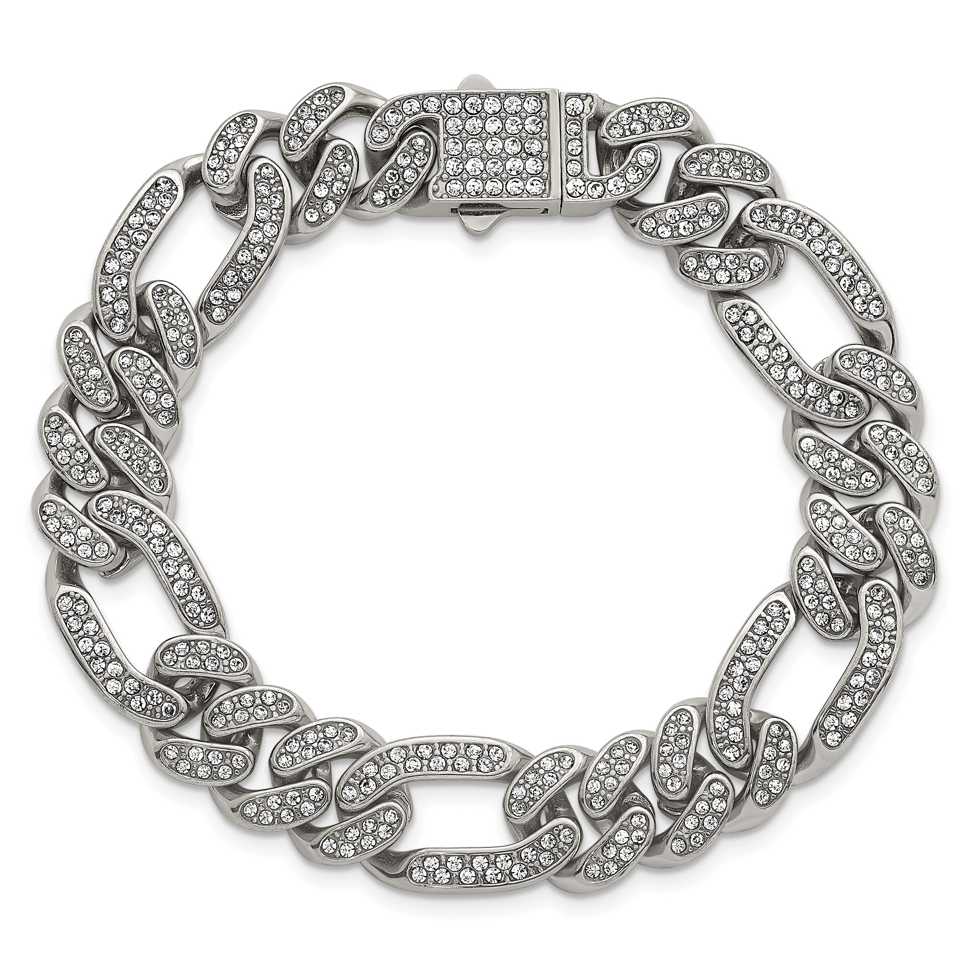 Polished Crystal Stainless Steel Figaro Chain Bracelet 12mm