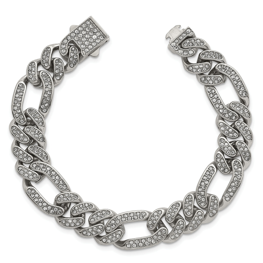 Polished Crystal Stainless Steel Figaro Chain Bracelet 12mm