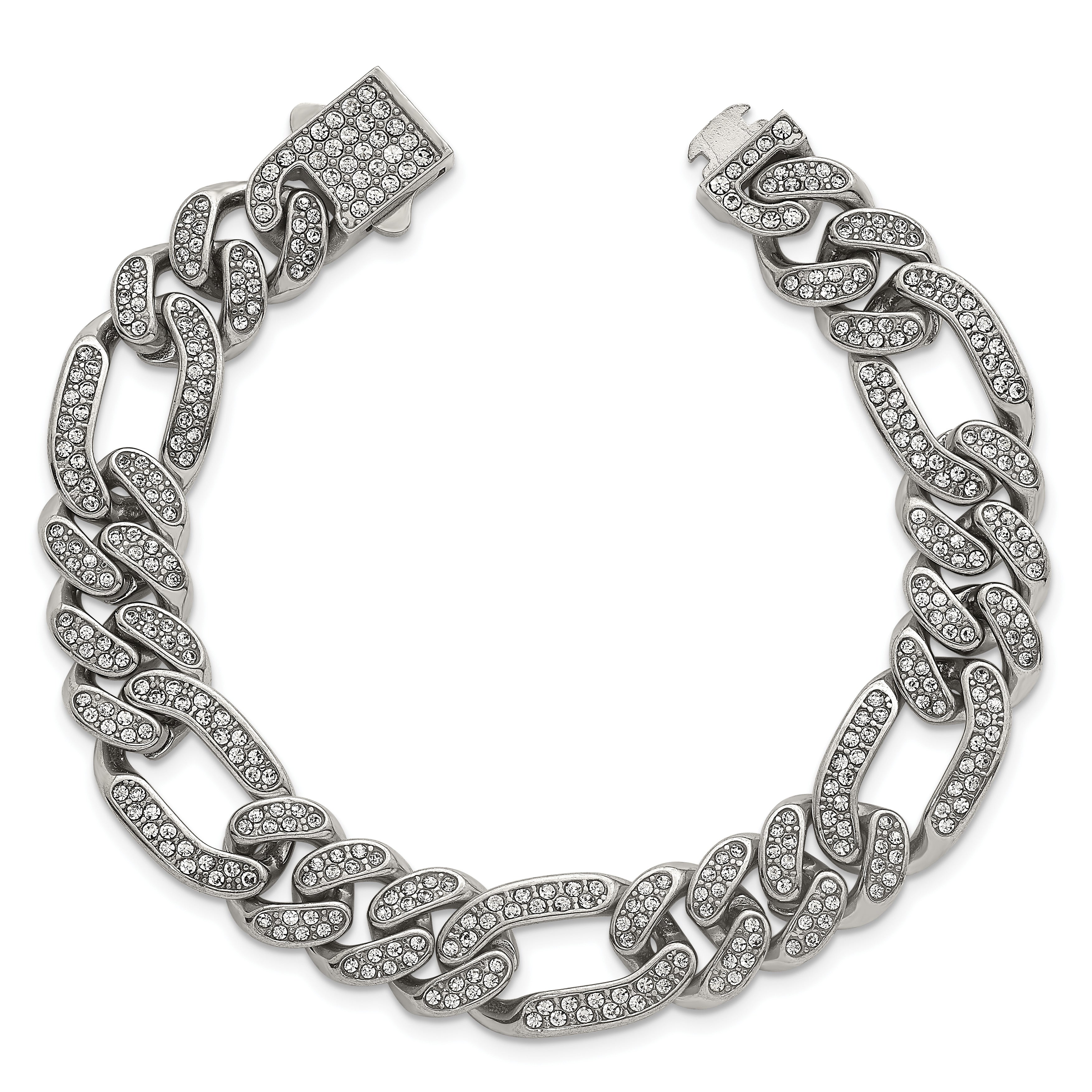 Polished Crystal Stainless Steel Figaro Chain Bracelet 12mm
