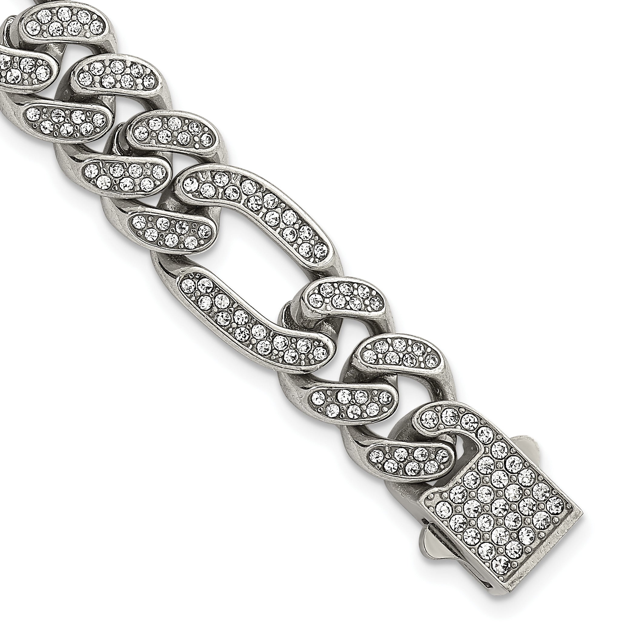 Polished Crystal Stainless Steel Figaro Chain Bracelet 12mm