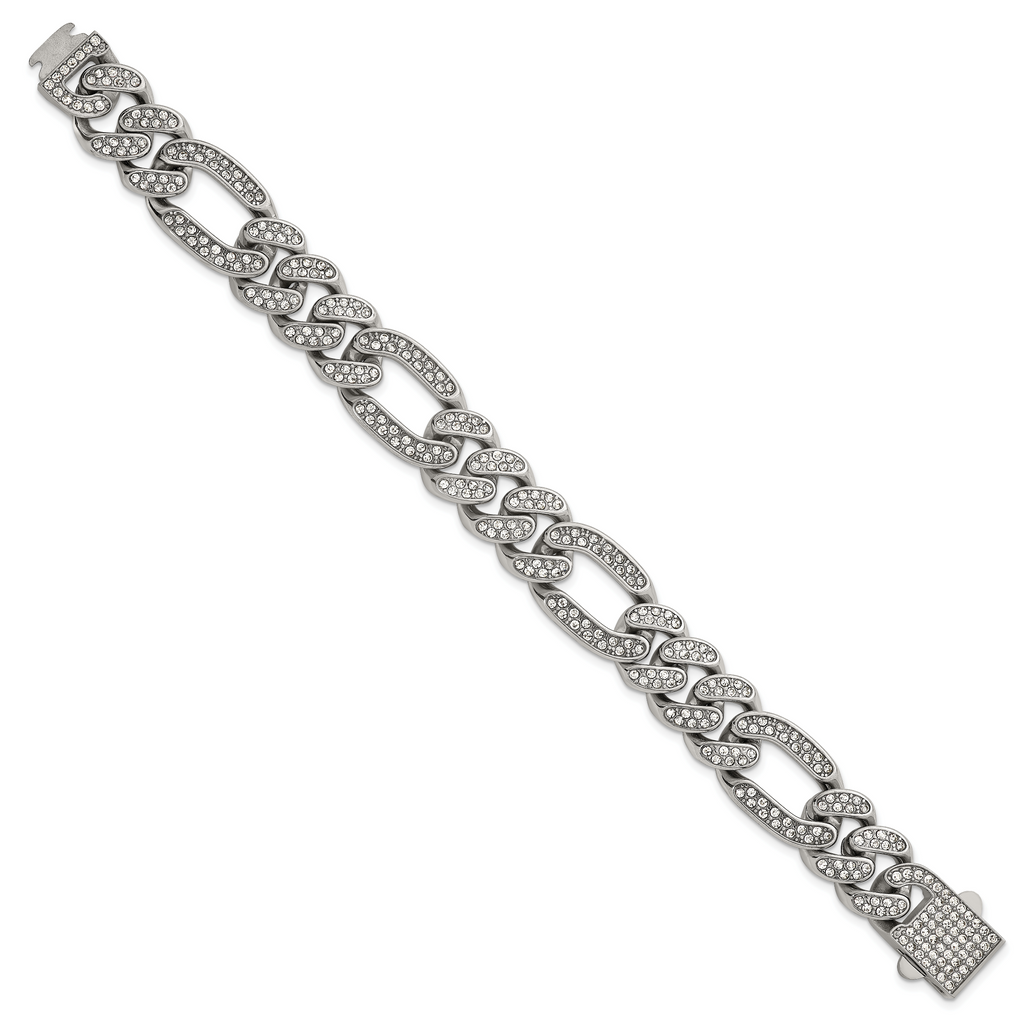 Polished Crystal Stainless Steel Figaro Chain Bracelet 16mm