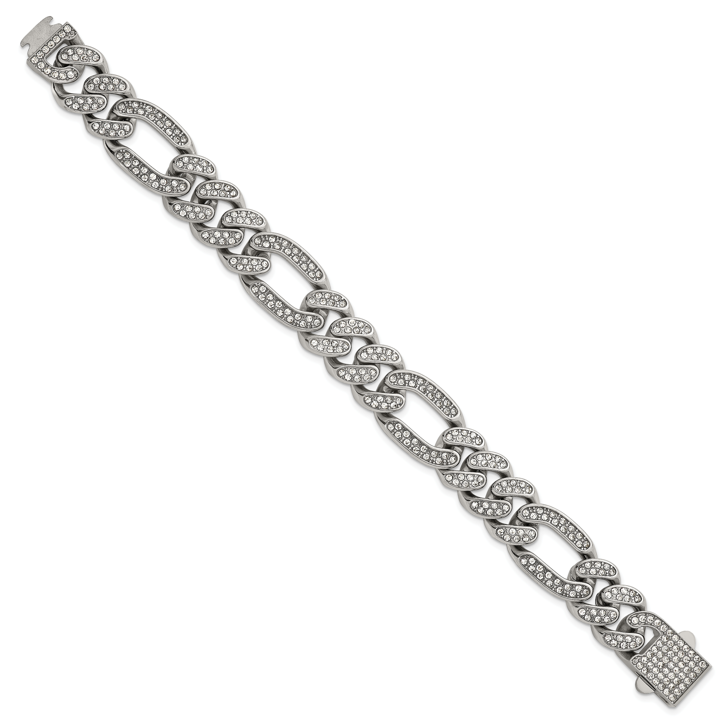 Polished Crystal Stainless Steel Figaro Chain Bracelet 16mm
