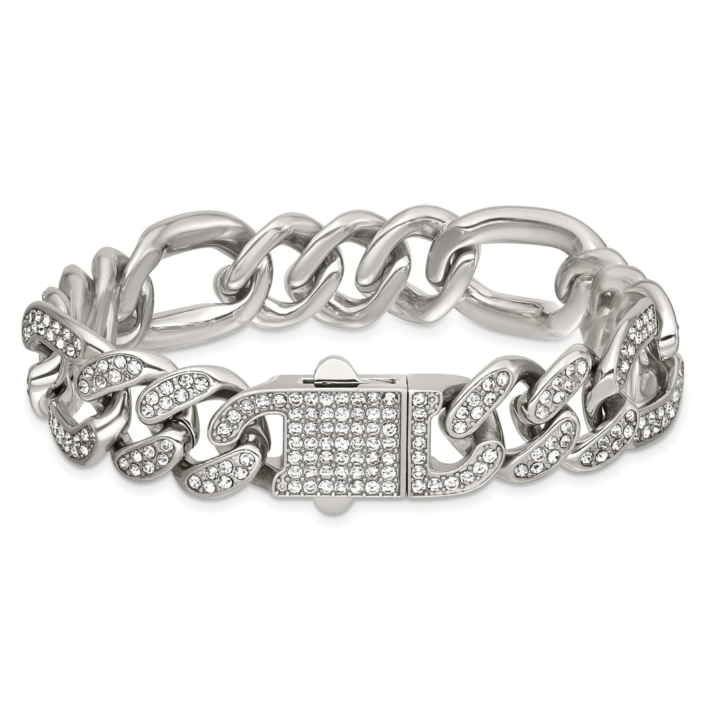 Polished Crystal Stainless Steel Figaro Chain Bracelet 16mm