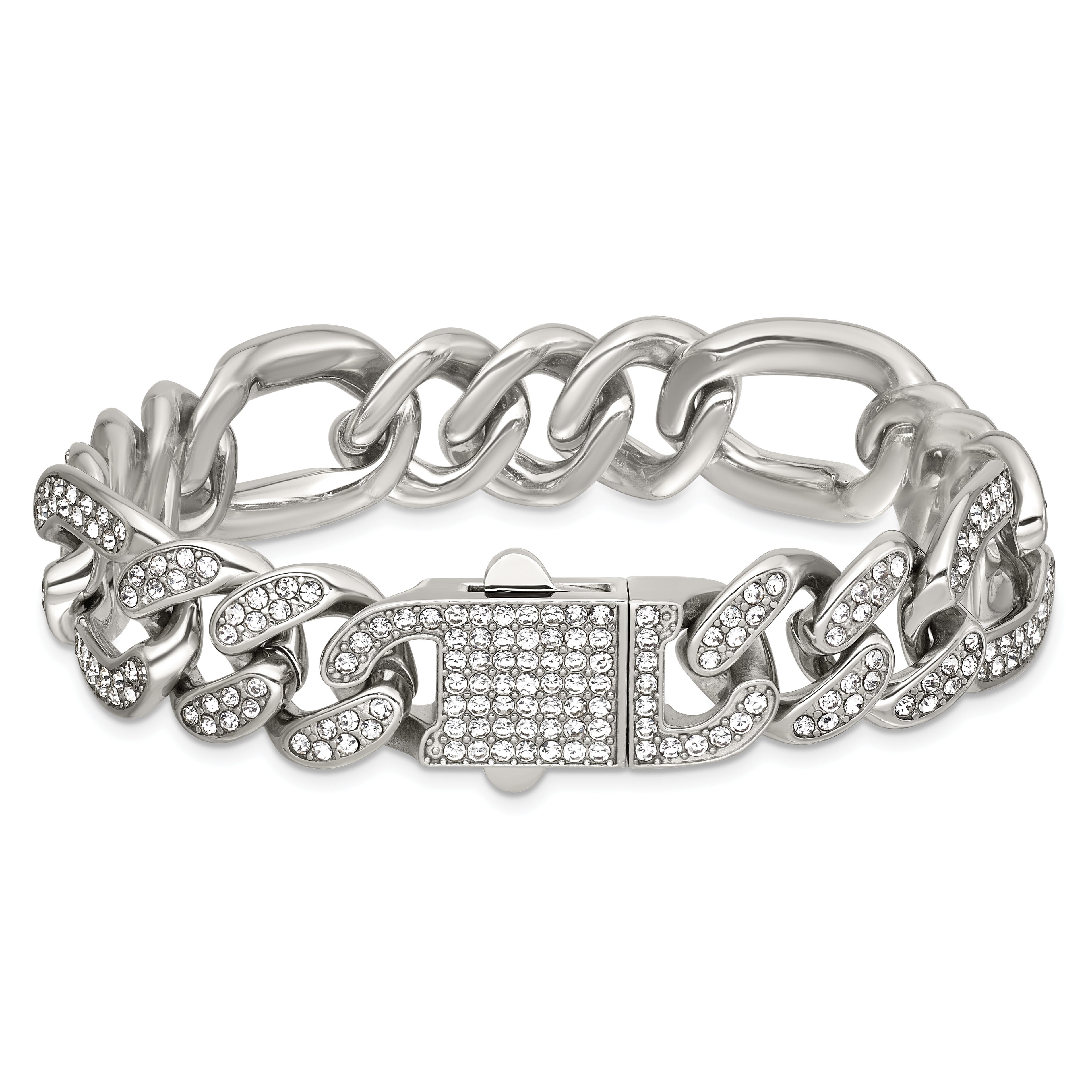 Polished Crystal Stainless Steel Figaro Chain Bracelet 16mm