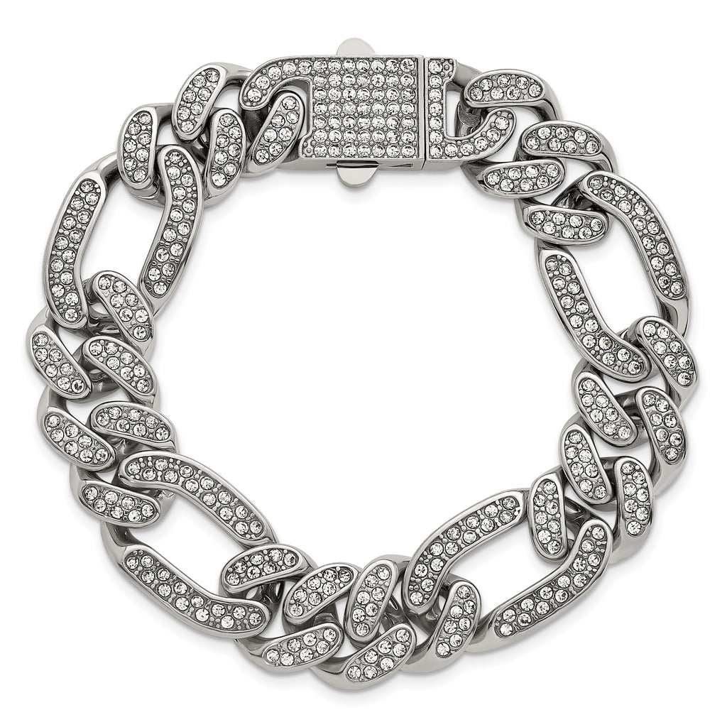 Polished Crystal Stainless Steel Figaro Chain Bracelet 16mm