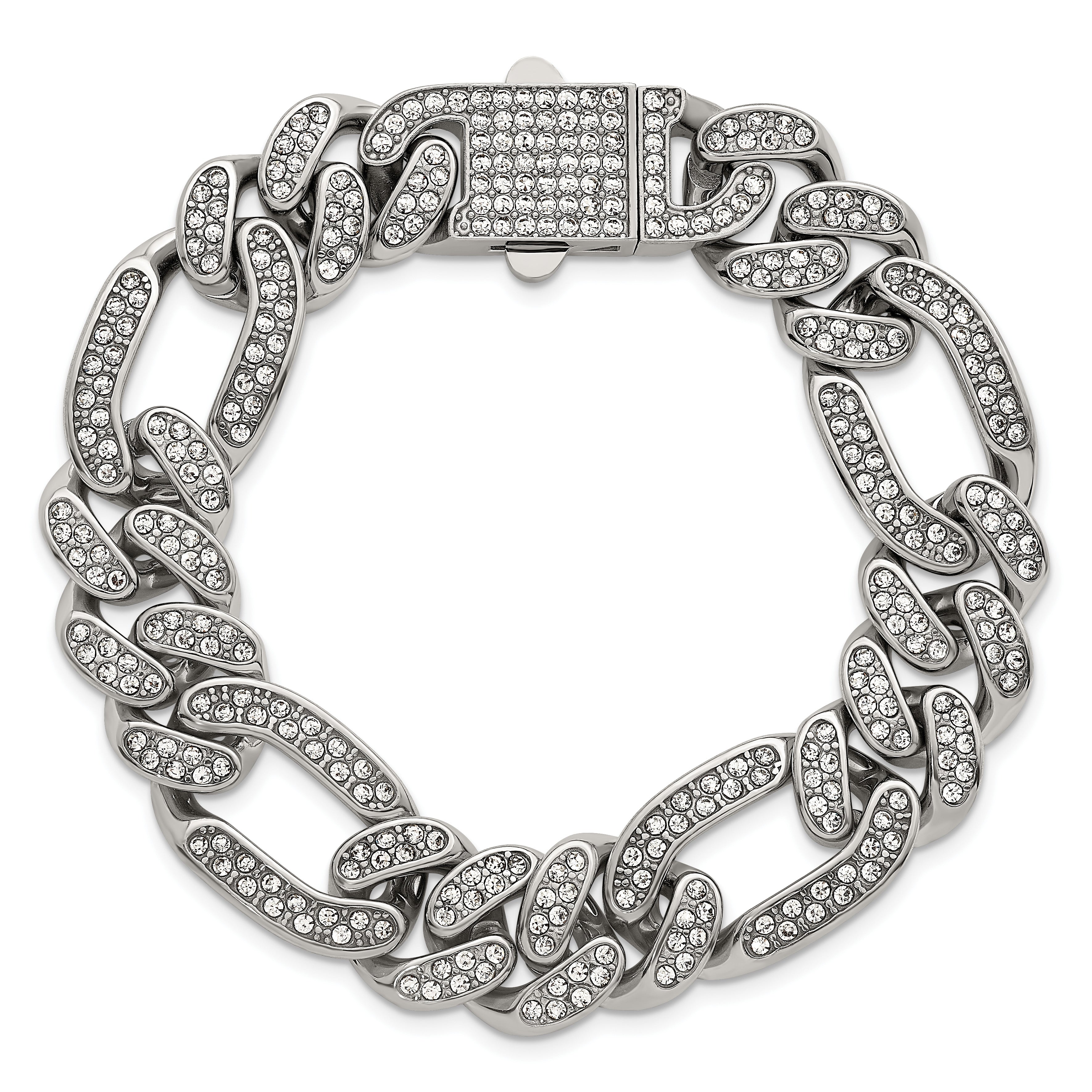 Polished Crystal Stainless Steel Figaro Chain Bracelet 16mm