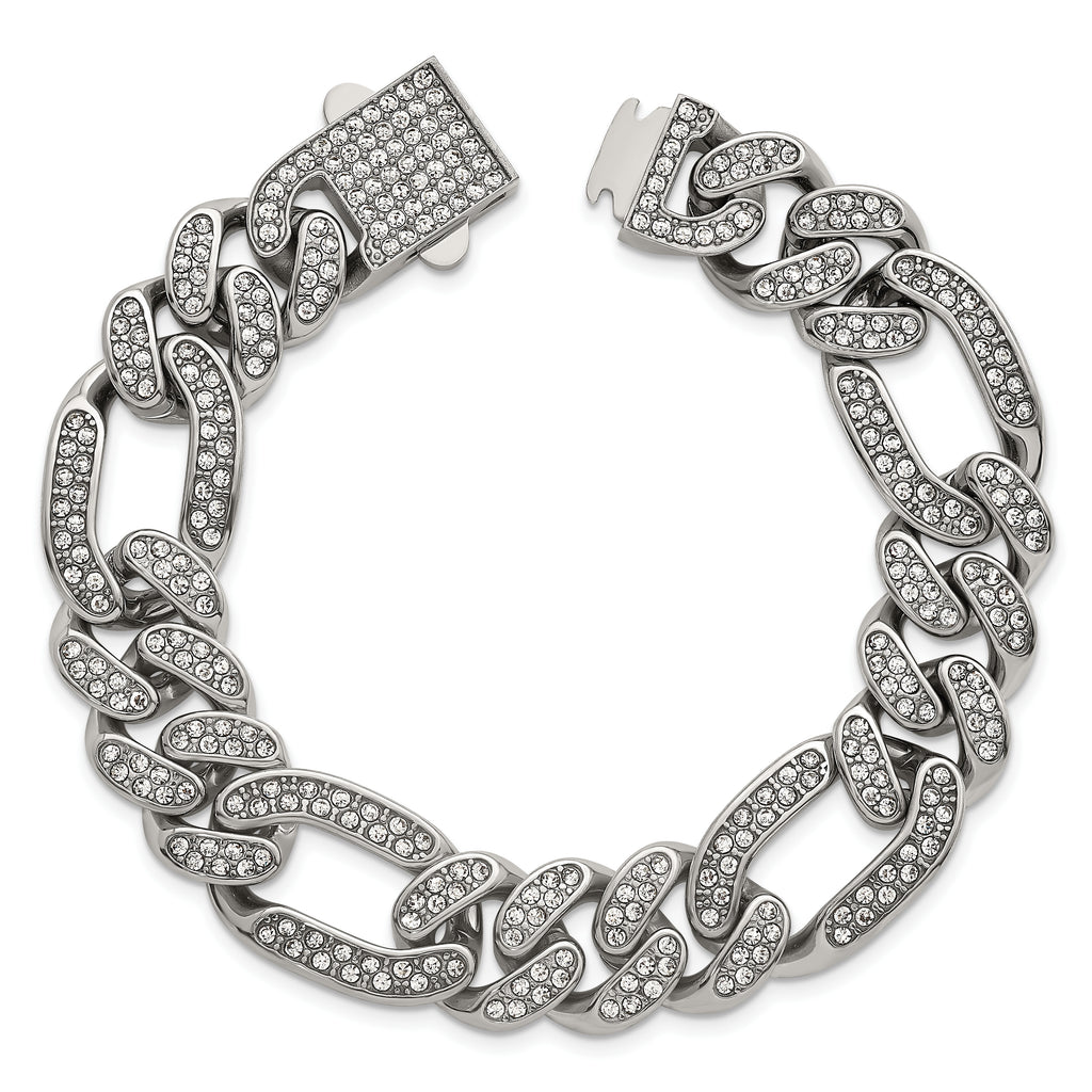 Polished Crystal Stainless Steel Figaro Chain Bracelet 16mm