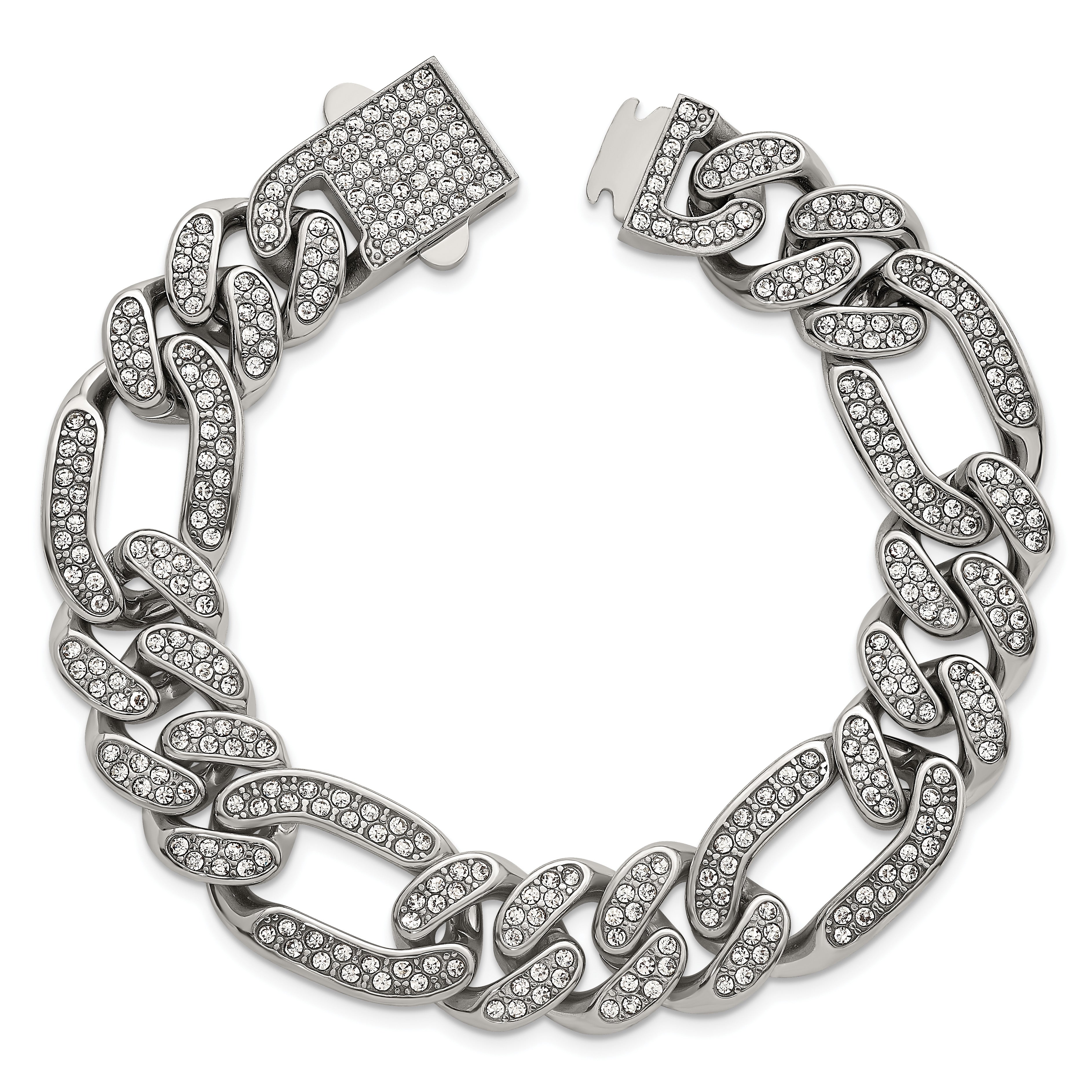 Polished Crystal Stainless Steel Figaro Chain Bracelet 16mm