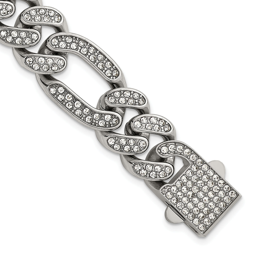 Polished Crystal Stainless Steel Figaro Chain Bracelet 16mm