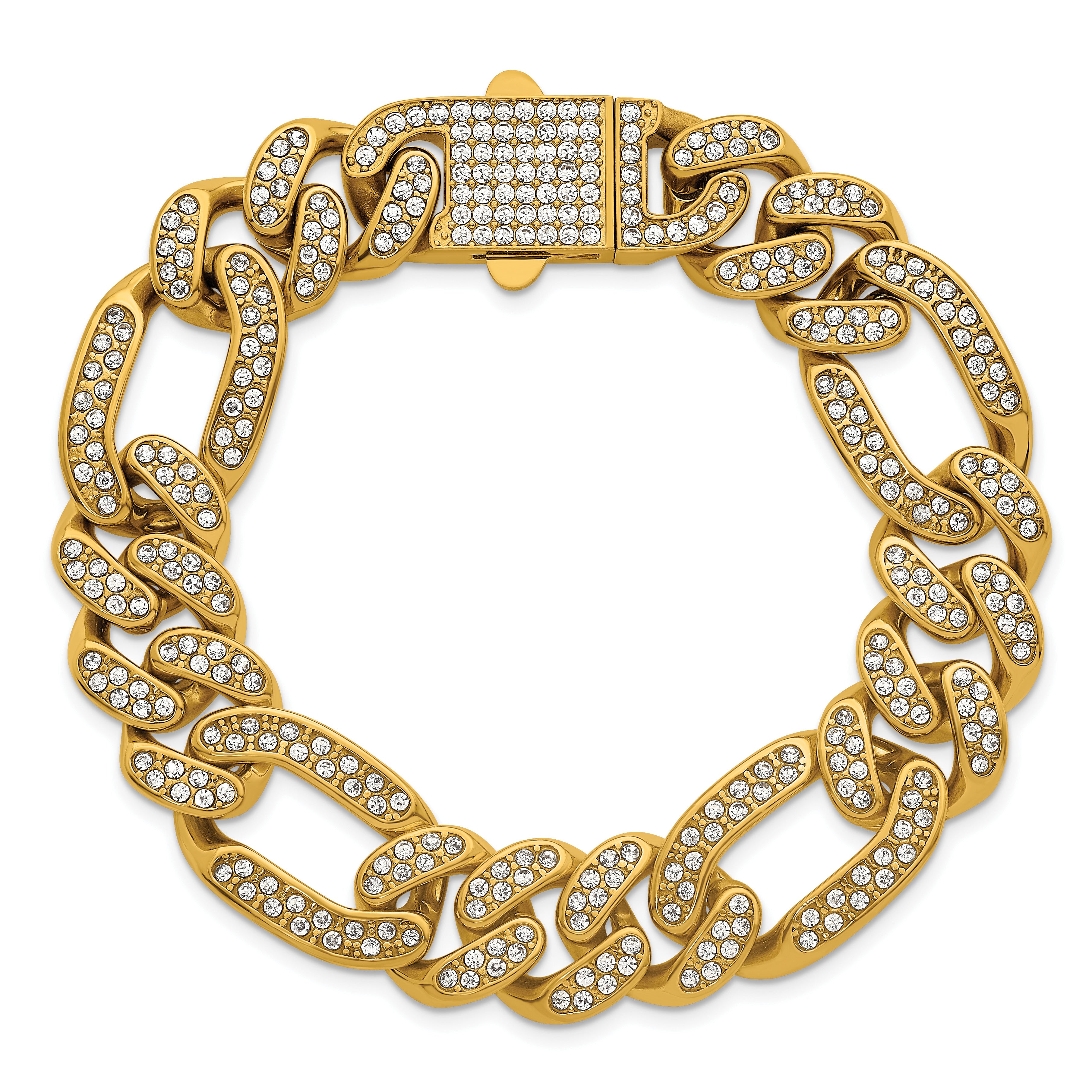 Gold-Tone Polished Crystal Stainless Steel Figaro Chain Bracelet 16mm
