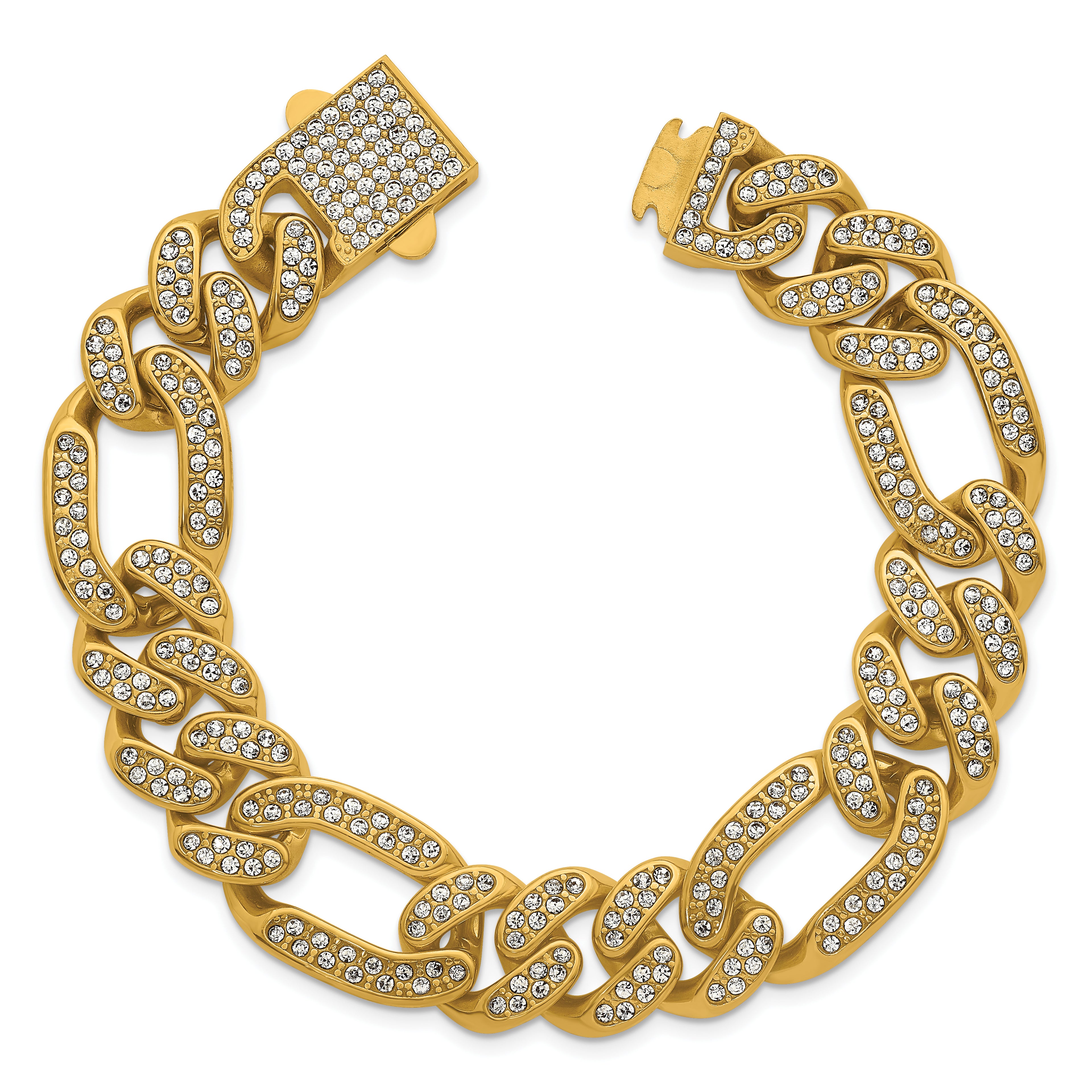 Gold-Tone Polished Crystal Stainless Steel Figaro Chain Bracelet 16mm