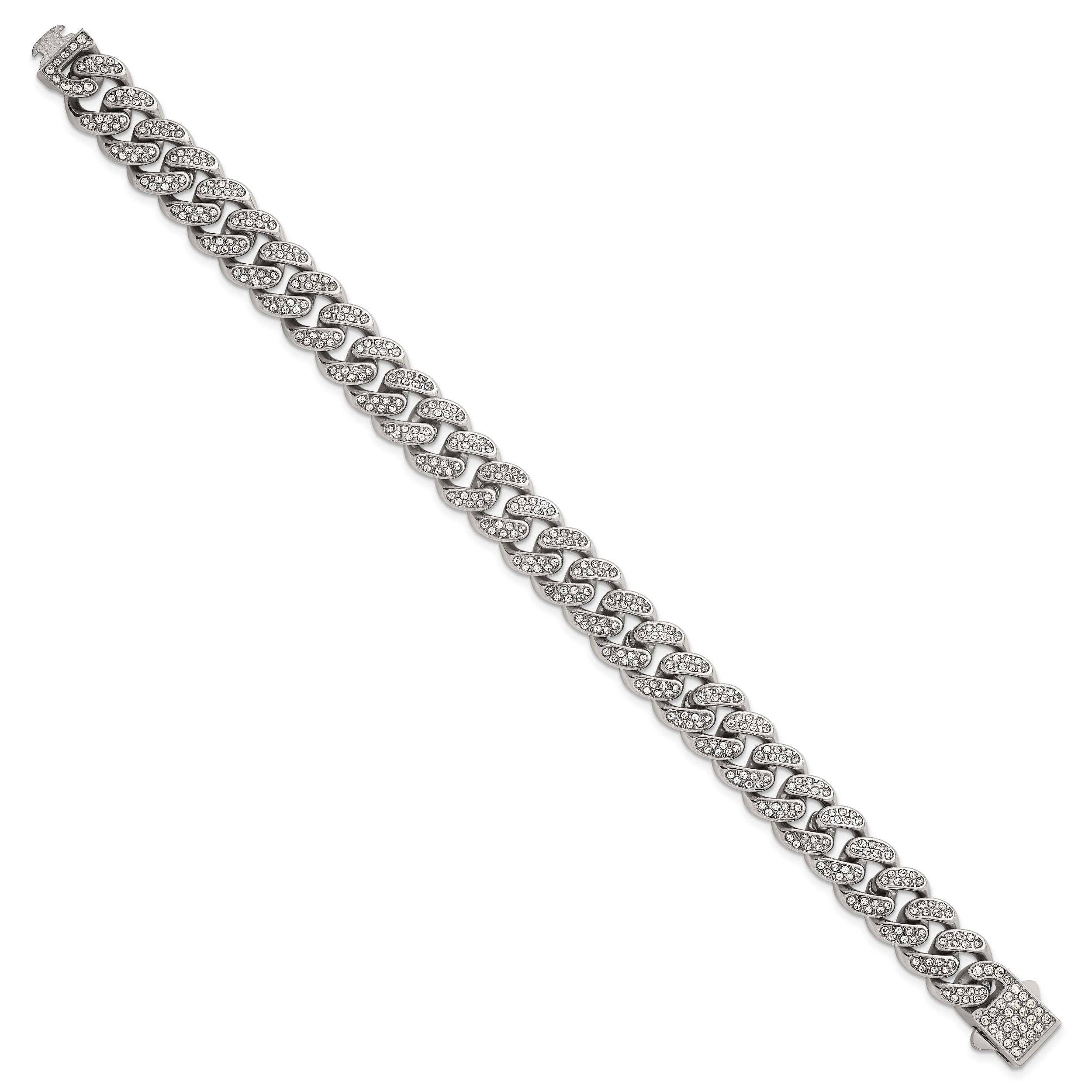 Polished Crystal Stainless Steel Curb Chain Bracelet 11mm