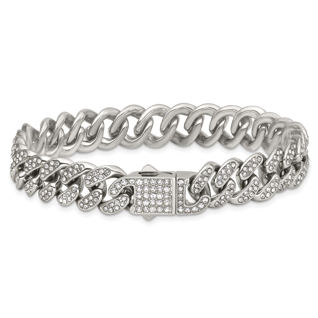 Polished Crystal Stainless Steel Curb Chain Bracelet 11mm