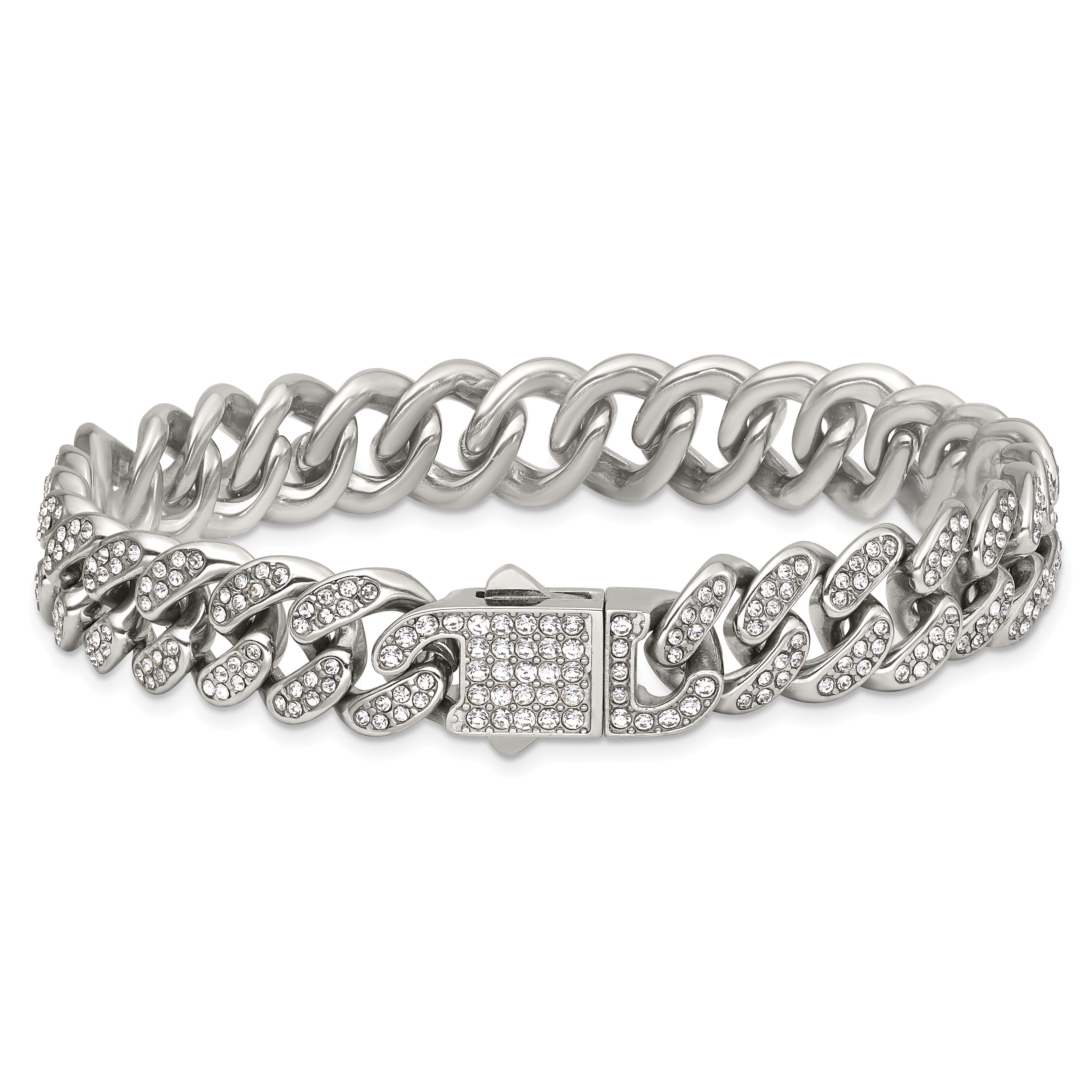 Polished Crystal Stainless Steel Curb Chain Bracelet 11mm