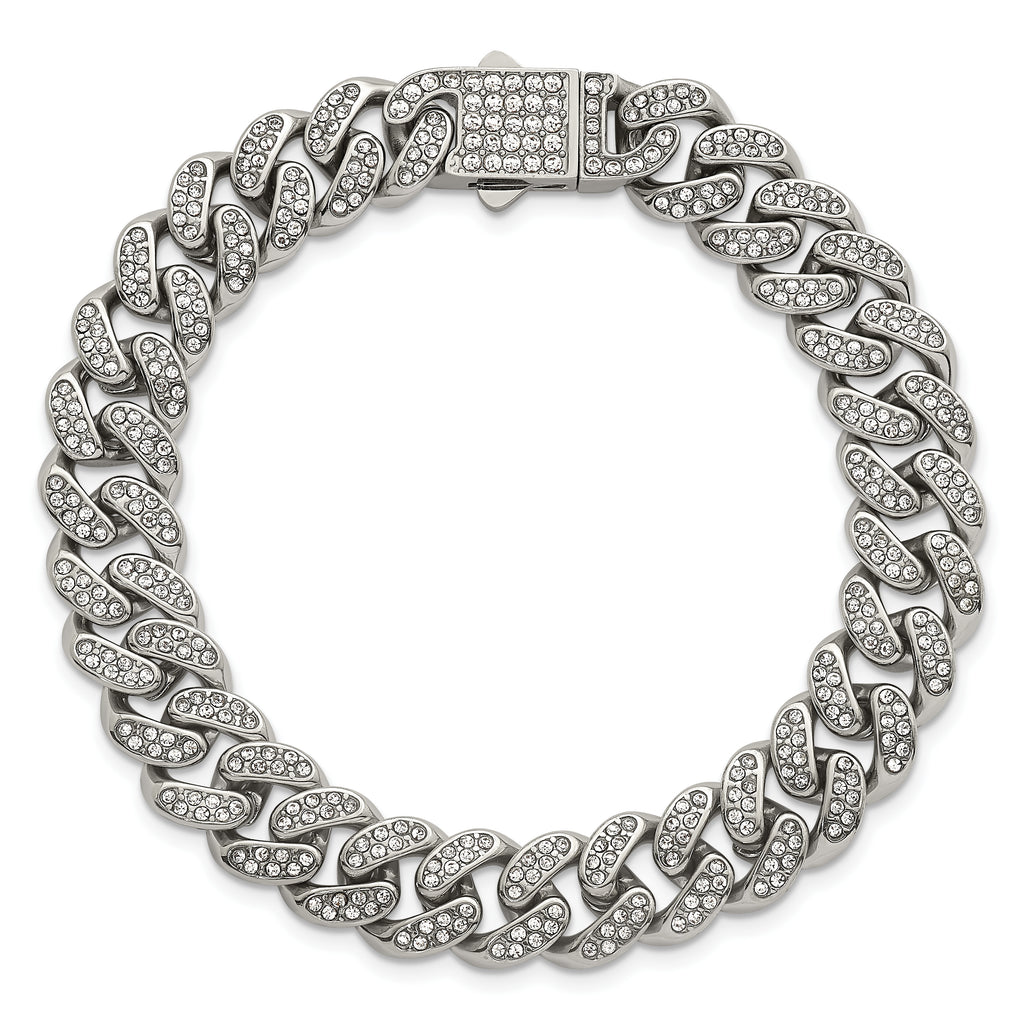 Polished Crystal Stainless Steel Curb Chain Bracelet 11mm