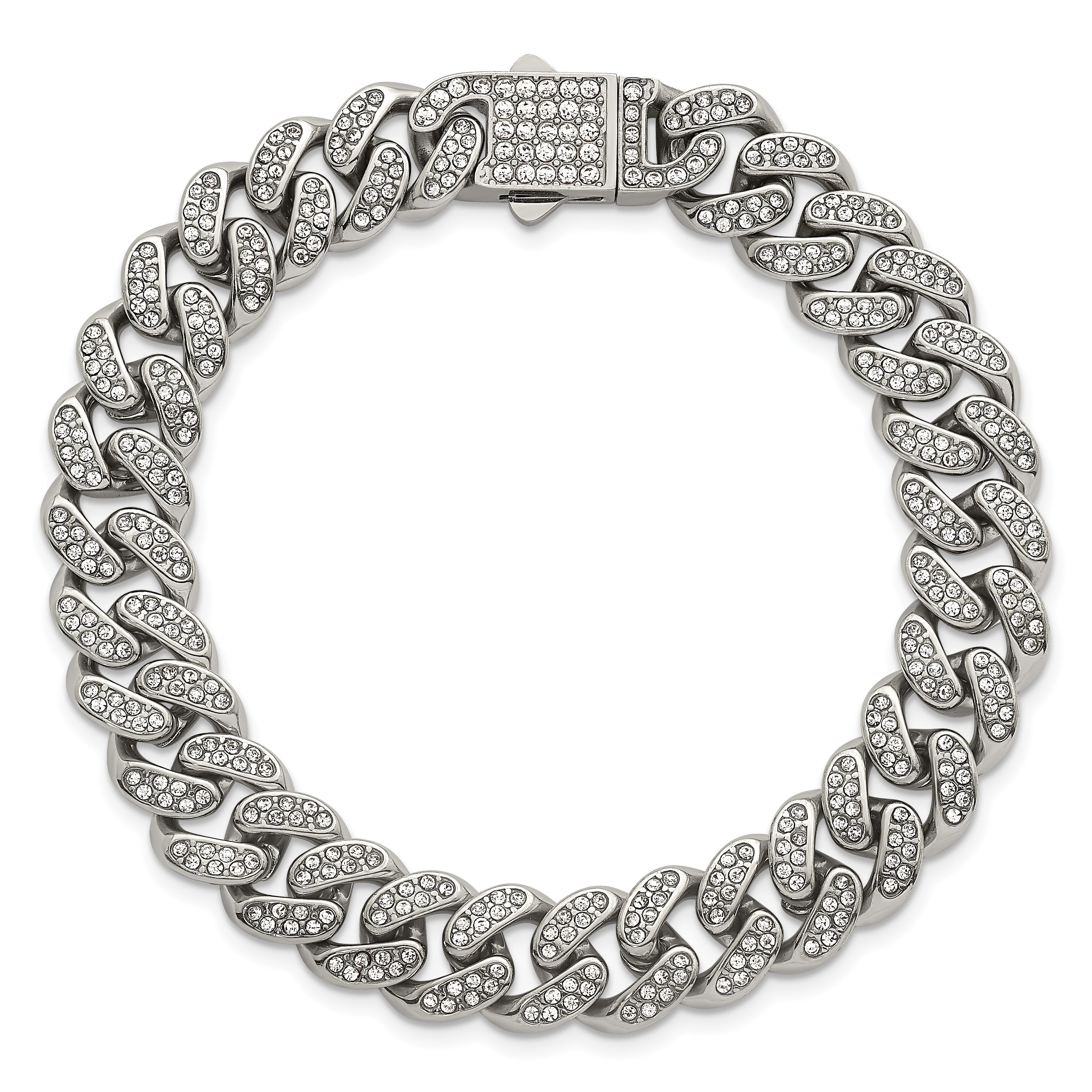 Polished Crystal Stainless Steel Curb Chain Bracelet 11mm