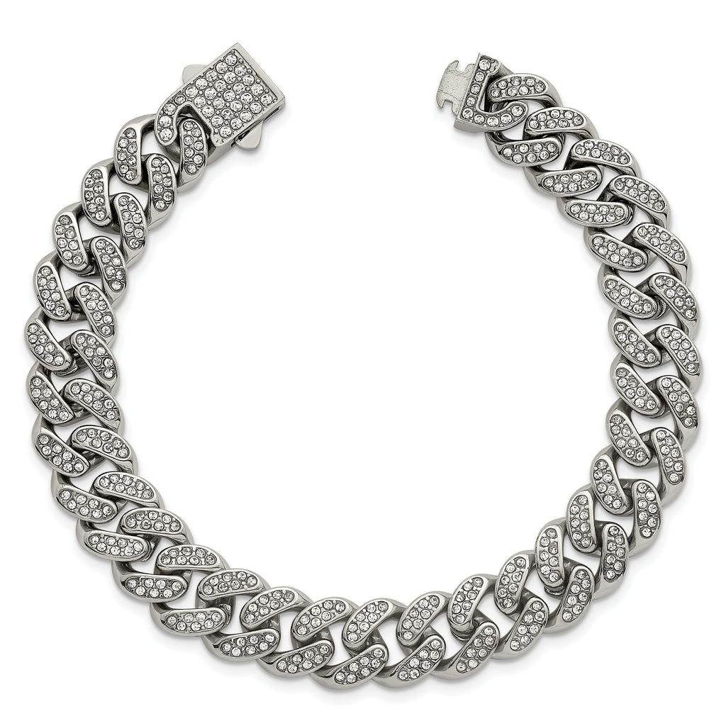 Polished Crystal Stainless Steel Curb Chain Bracelet 11mm