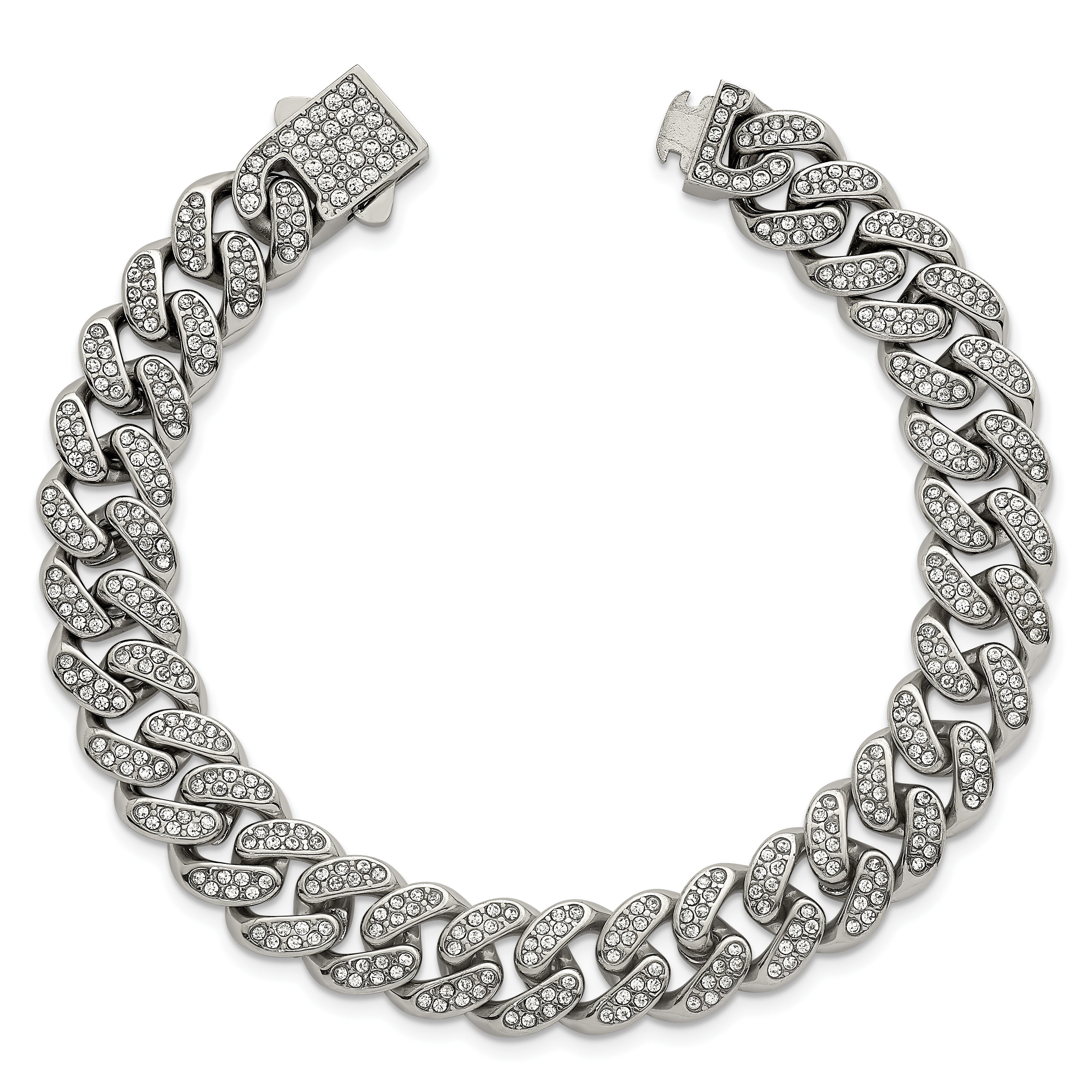 Polished Crystal Stainless Steel Curb Chain Bracelet 11mm