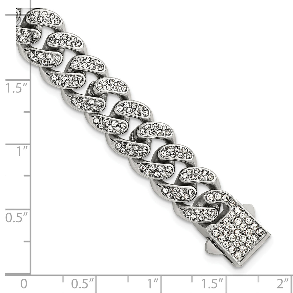 Polished Crystal Stainless Steel Curb Chain Bracelet 11mm