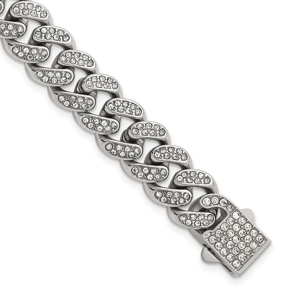 Polished Crystal Stainless Steel Curb Chain Bracelet 11mm