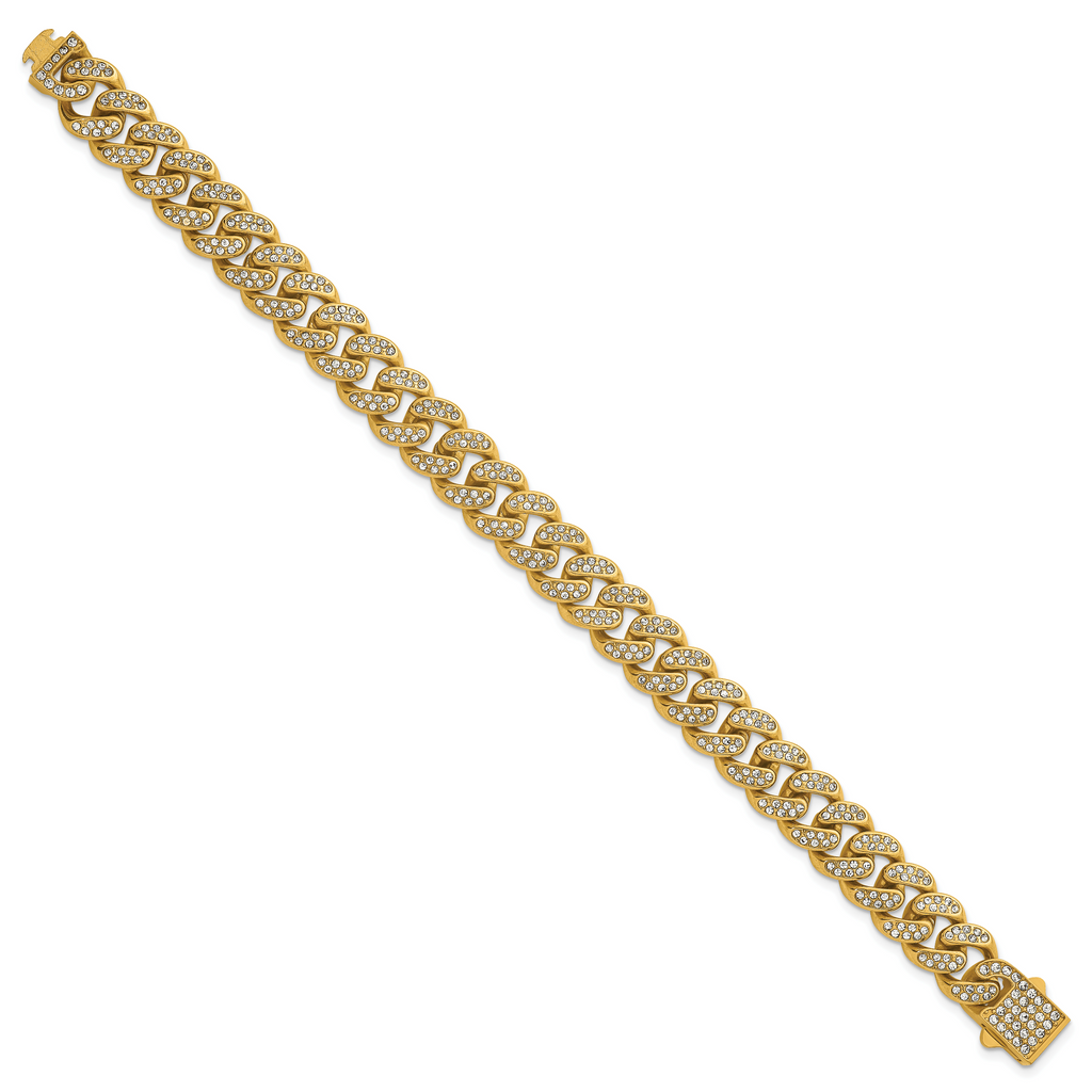 Gold-Tone Polished Crystal Stainless Steel Curb Chain Bracelet 11mm