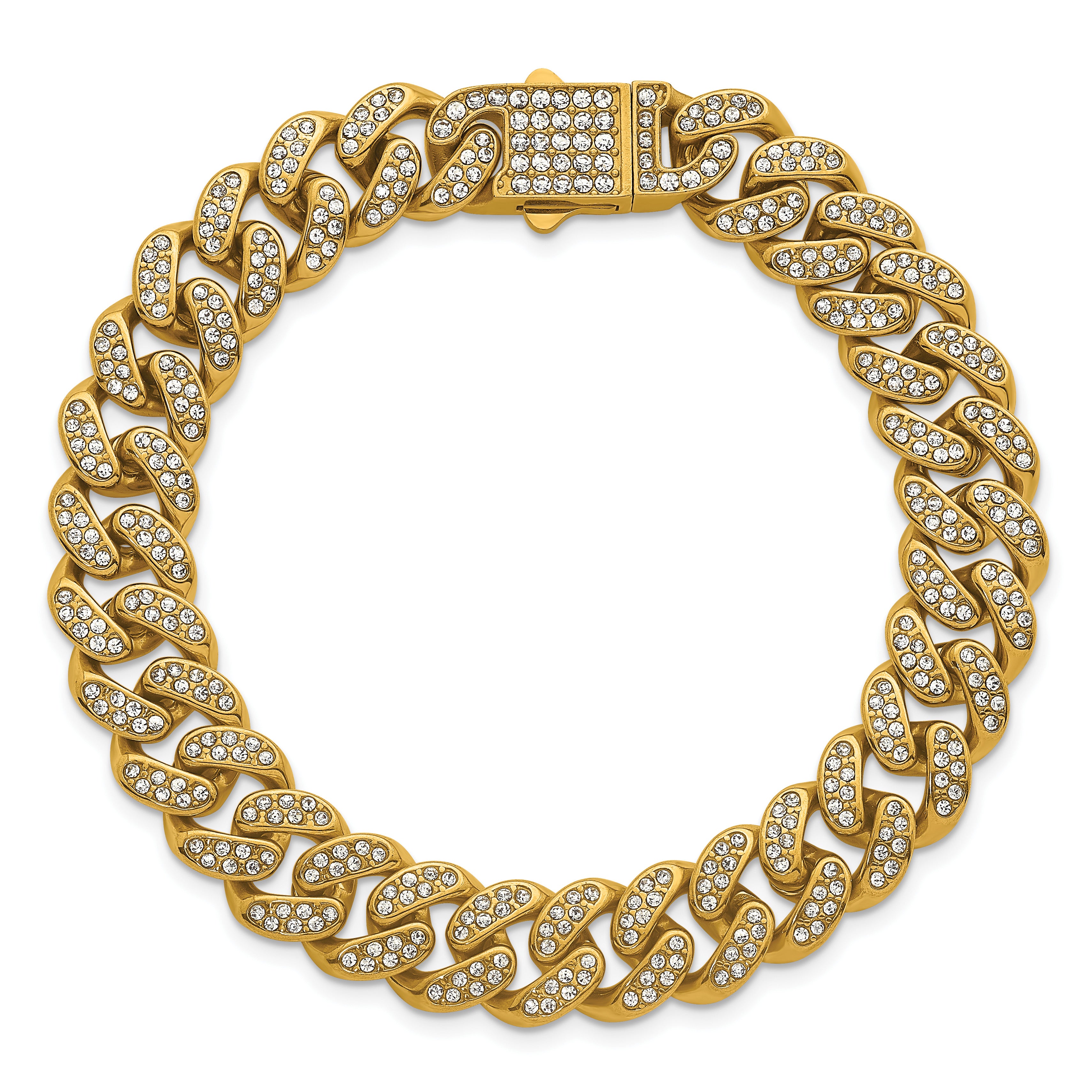 Gold-Tone Polished Crystal Stainless Steel Curb Chain Bracelet 11mm