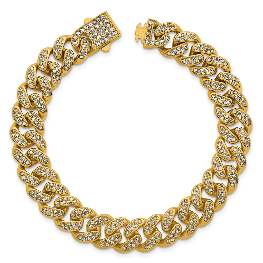 Gold-Tone Polished Crystal Stainless Steel Curb Chain Bracelet 11mm