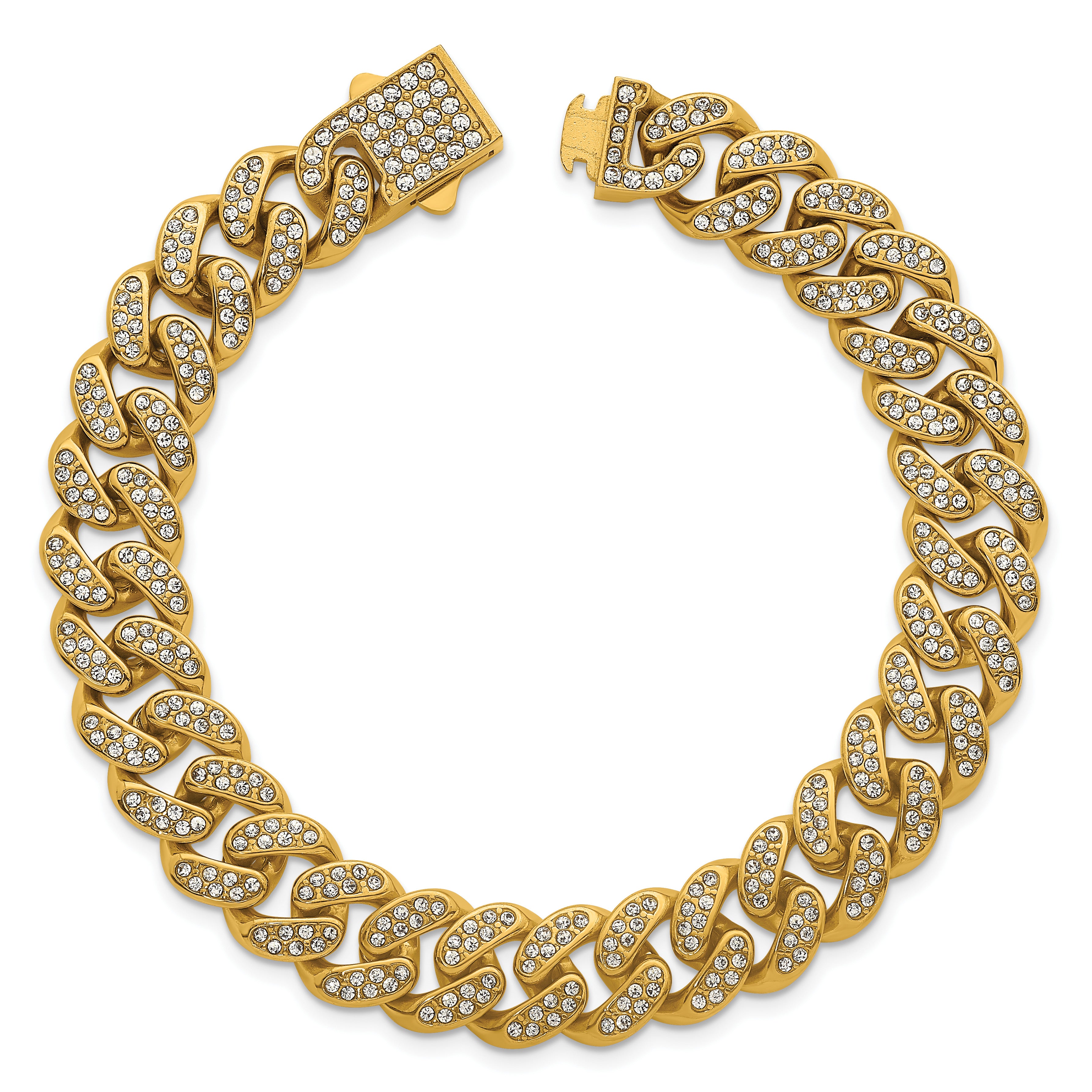 Gold-Tone Polished Crystal Stainless Steel Curb Chain Bracelet 11mm