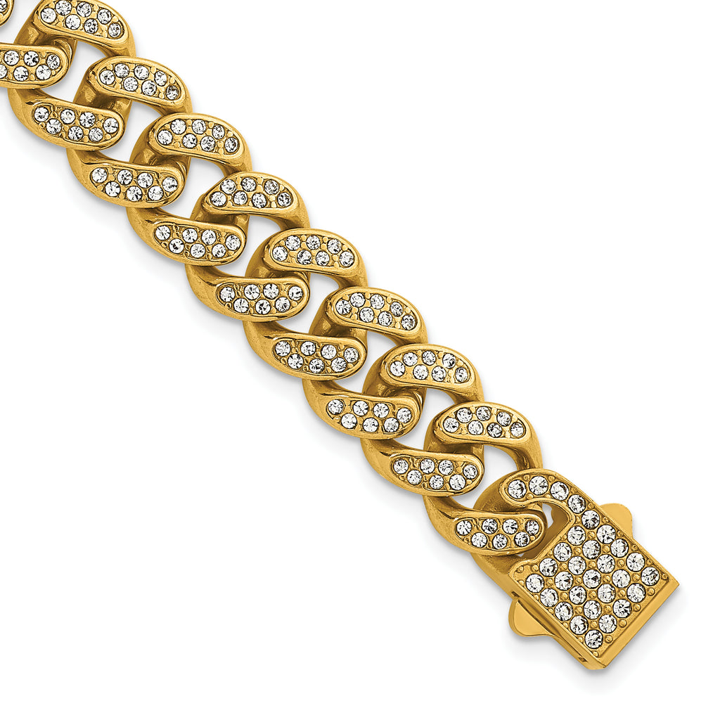 Gold-Tone Polished Crystal Stainless Steel Curb Chain Bracelet 11mm