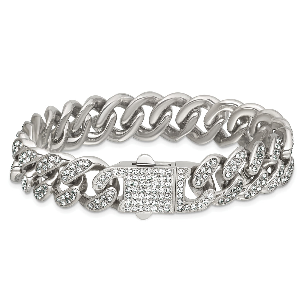 Polished Crystal Stainless Steel Curb Chain Bracelet 15mm