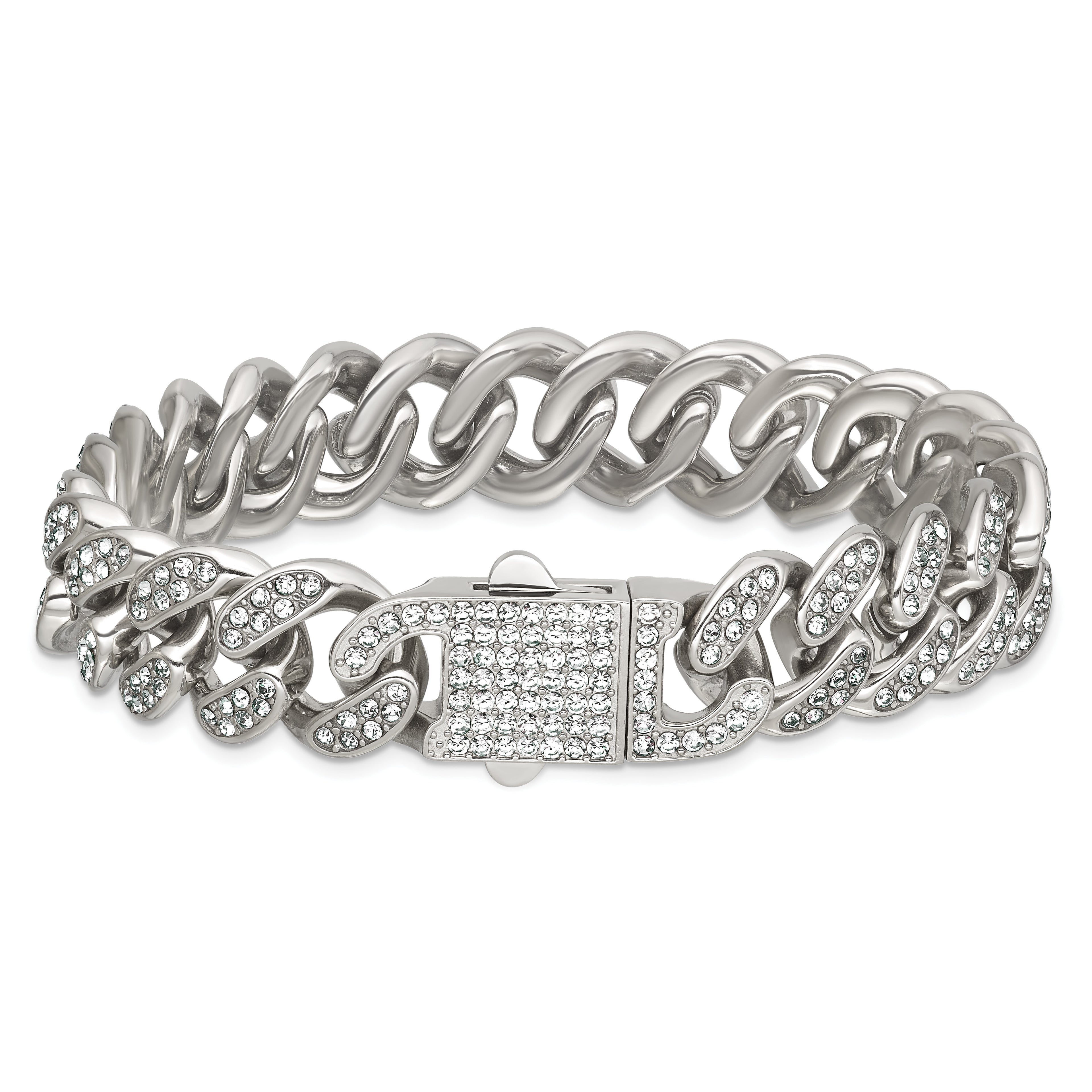 Polished Crystal Stainless Steel Curb Chain Bracelet 15mm