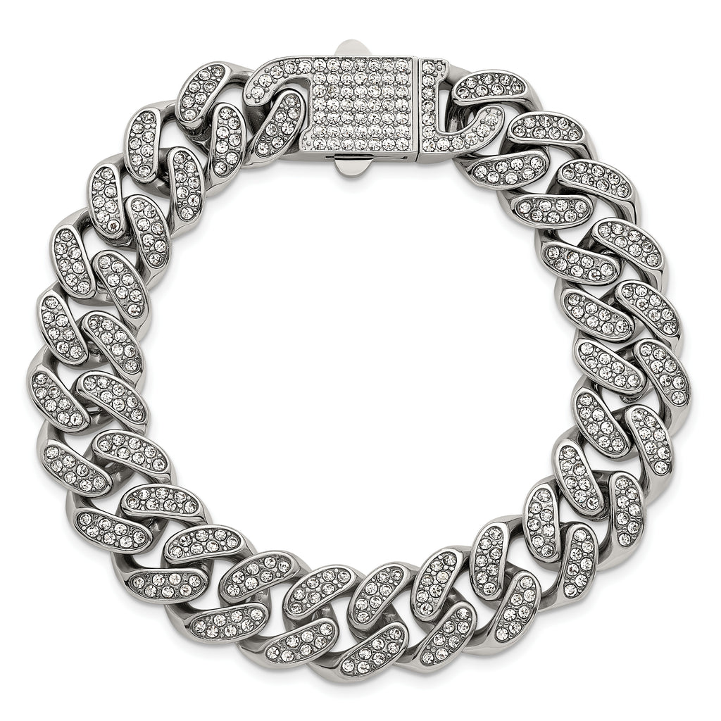 Polished Crystal Stainless Steel Curb Chain Bracelet 15mm