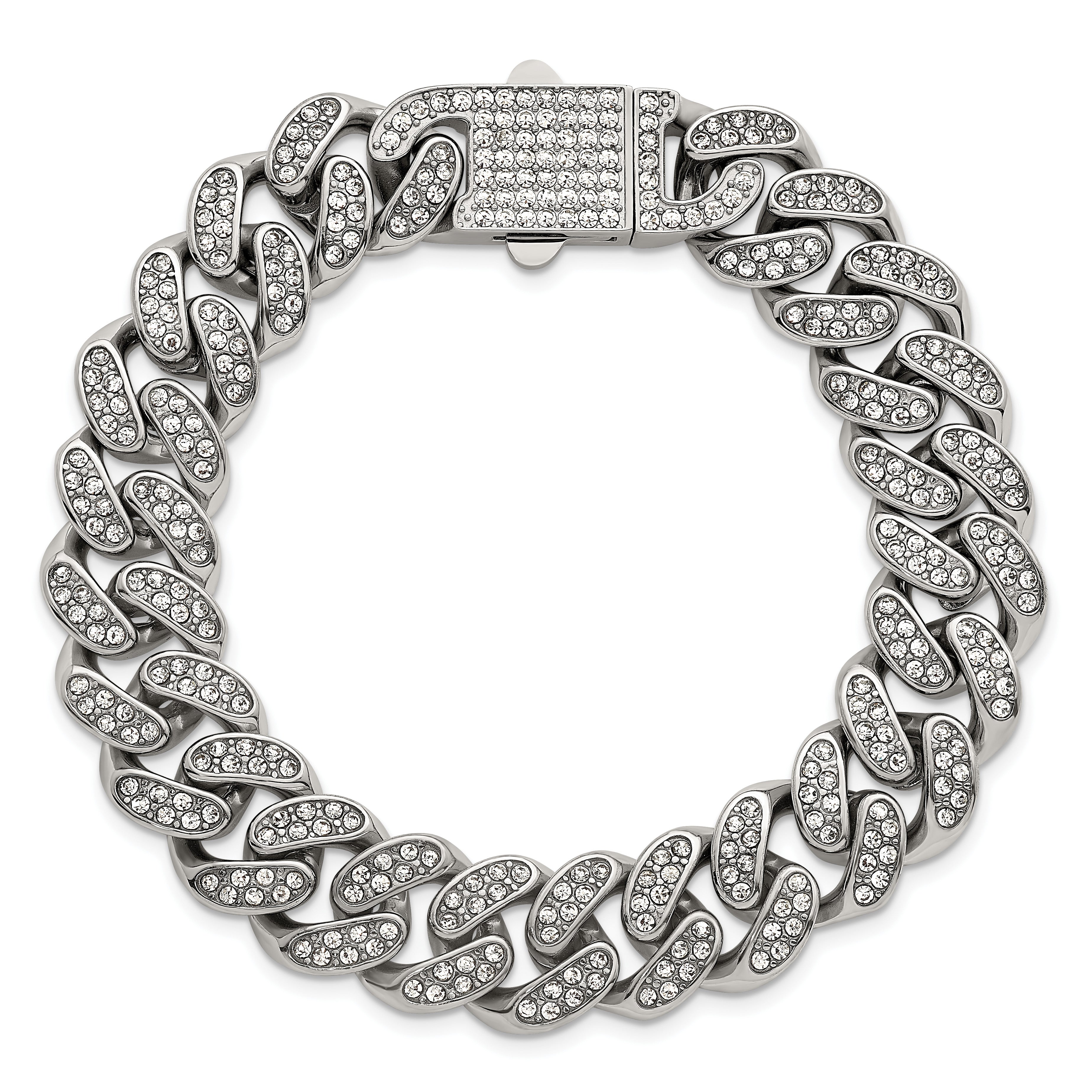 Polished Crystal Stainless Steel Curb Chain Bracelet 15mm