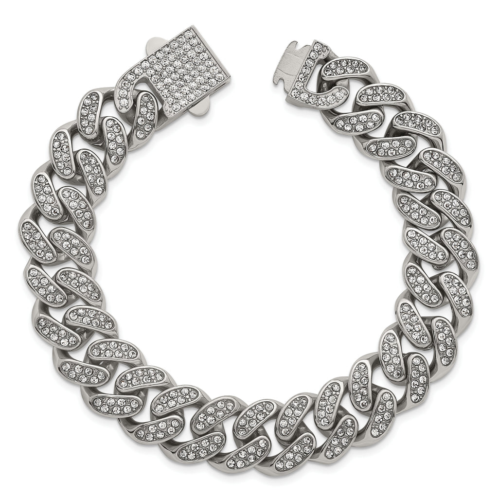 Polished Crystal Stainless Steel Curb Chain Bracelet 15mm