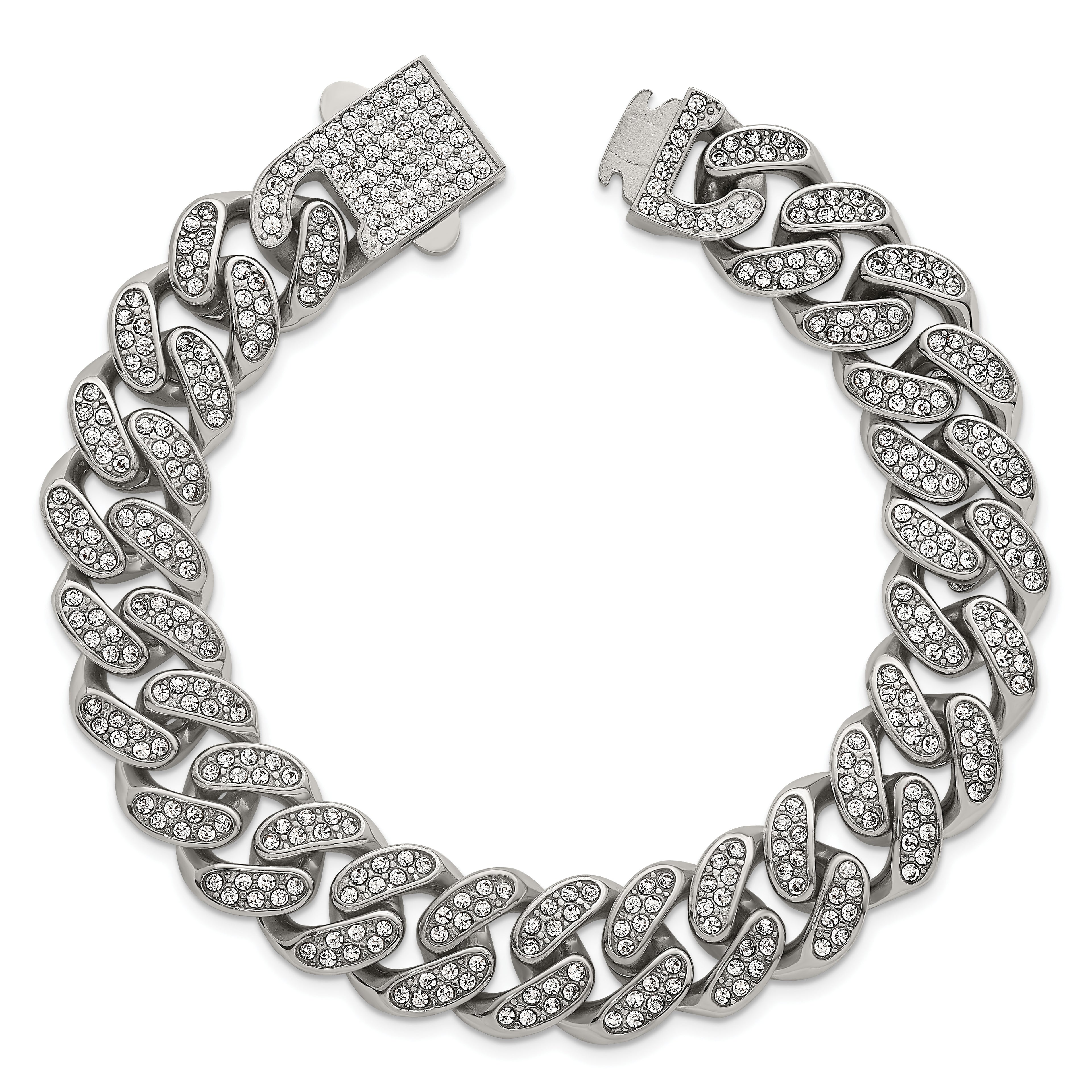 Polished Crystal Stainless Steel Curb Chain Bracelet 15mm