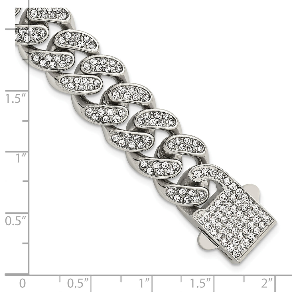 Polished Crystal Stainless Steel Curb Chain Bracelet 15mm