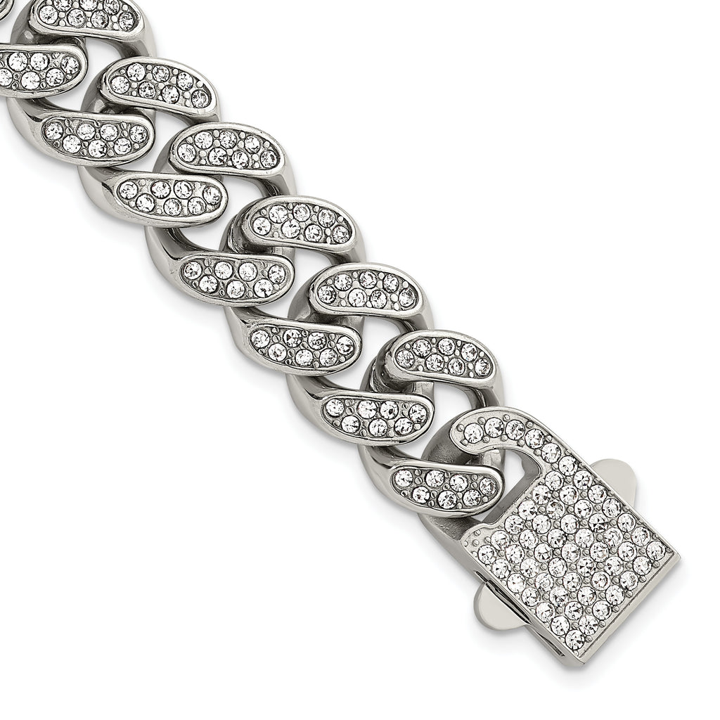 Polished Crystal Stainless Steel Curb Chain Bracelet 15mm