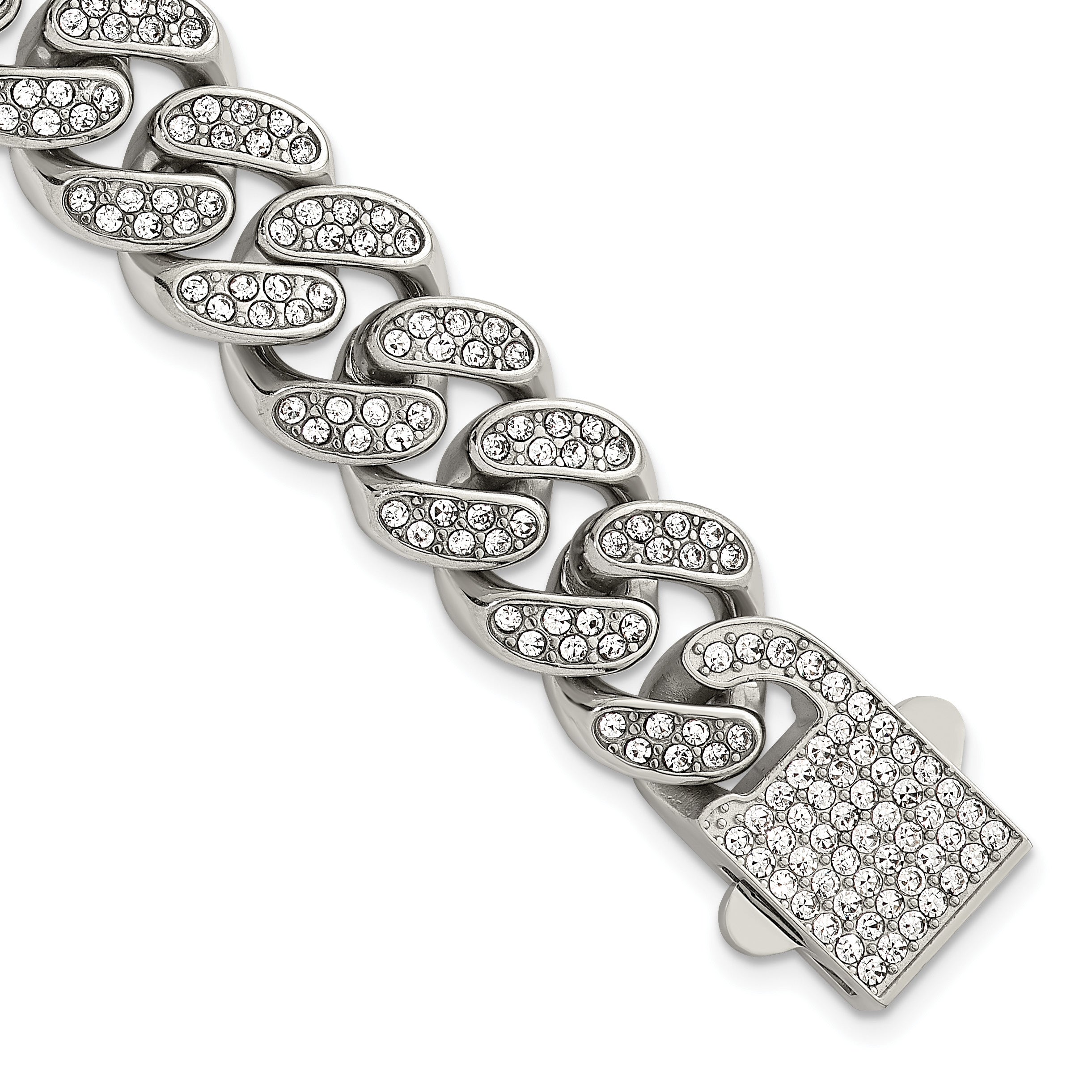 Polished Crystal Stainless Steel Curb Chain Bracelet 15mm