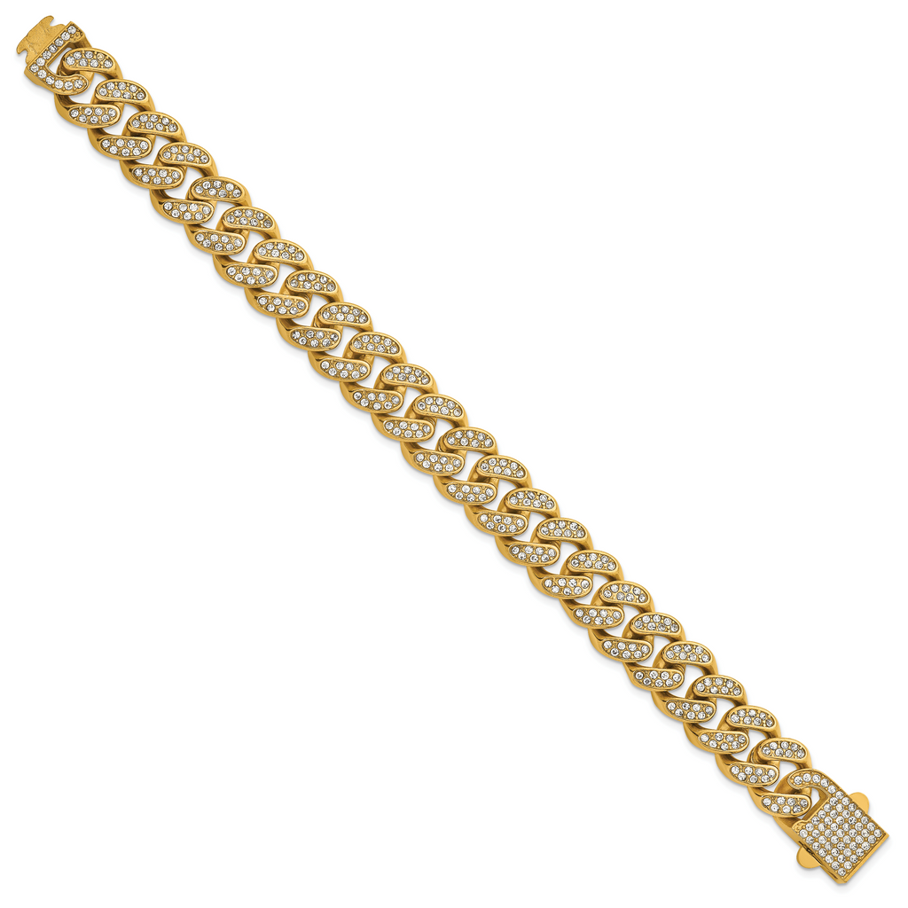 Gold-Tone Polished Crystal Stainless Steel Curb Chain Bracelet 15mm