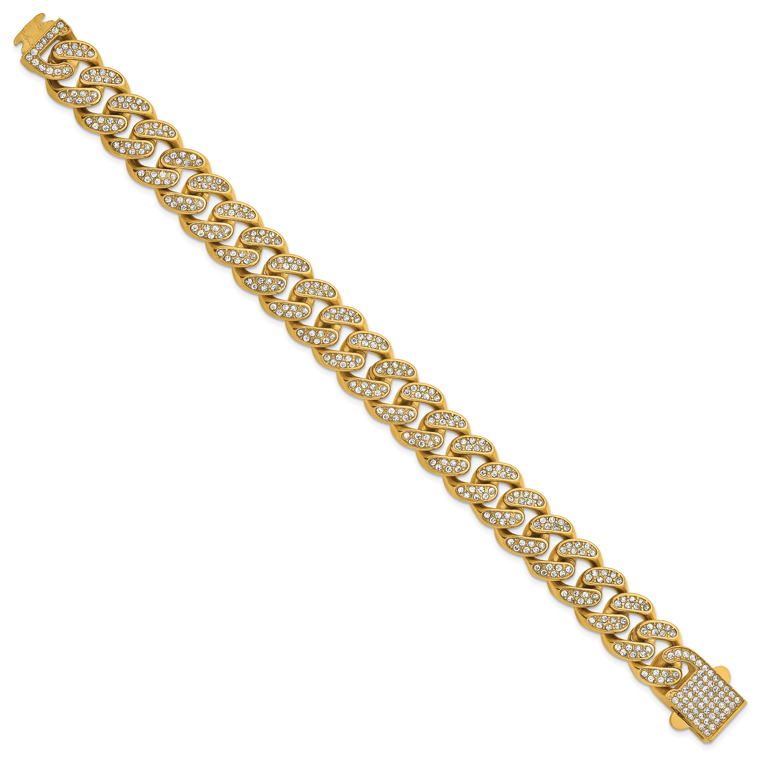 Gold-Tone Polished Crystal Stainless Steel Curb Chain Bracelet 15mm